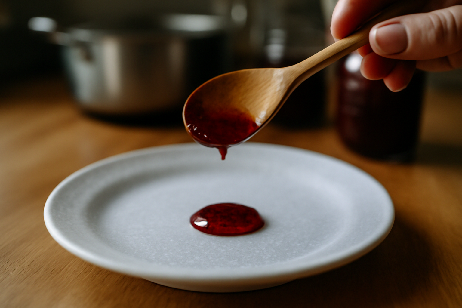 Test assiette froide pour vérifier la prise de confiture de groseilles, assiette au congélateur, cuillère en bois