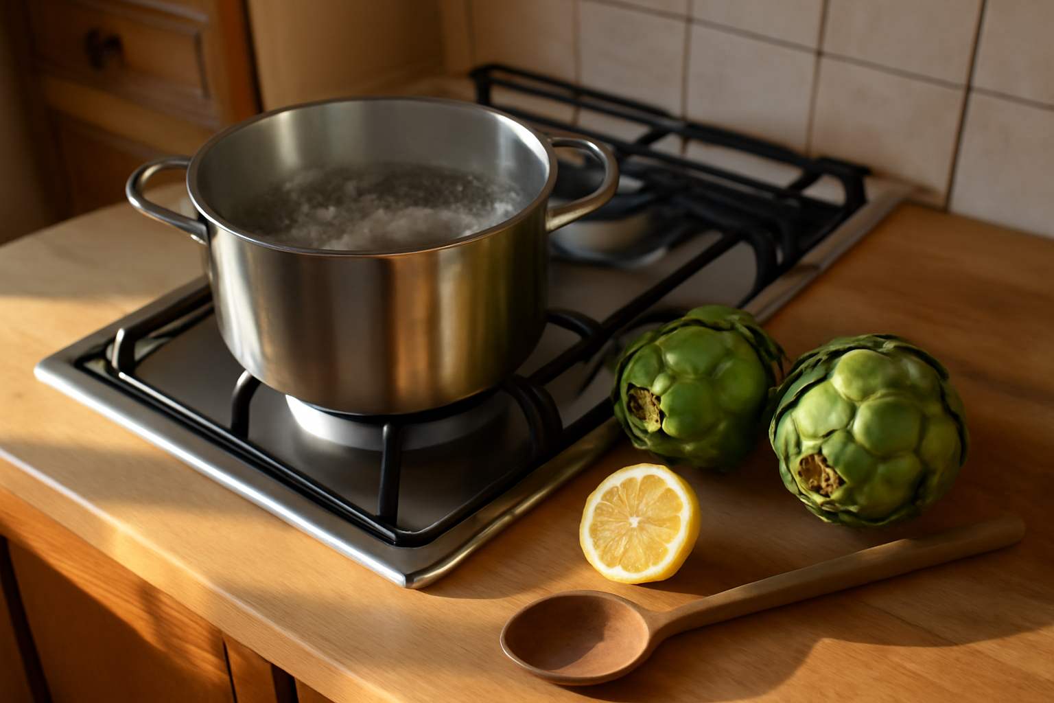cuisson artichaut eau dans une casserole avec eau frémissante et artichauts parés