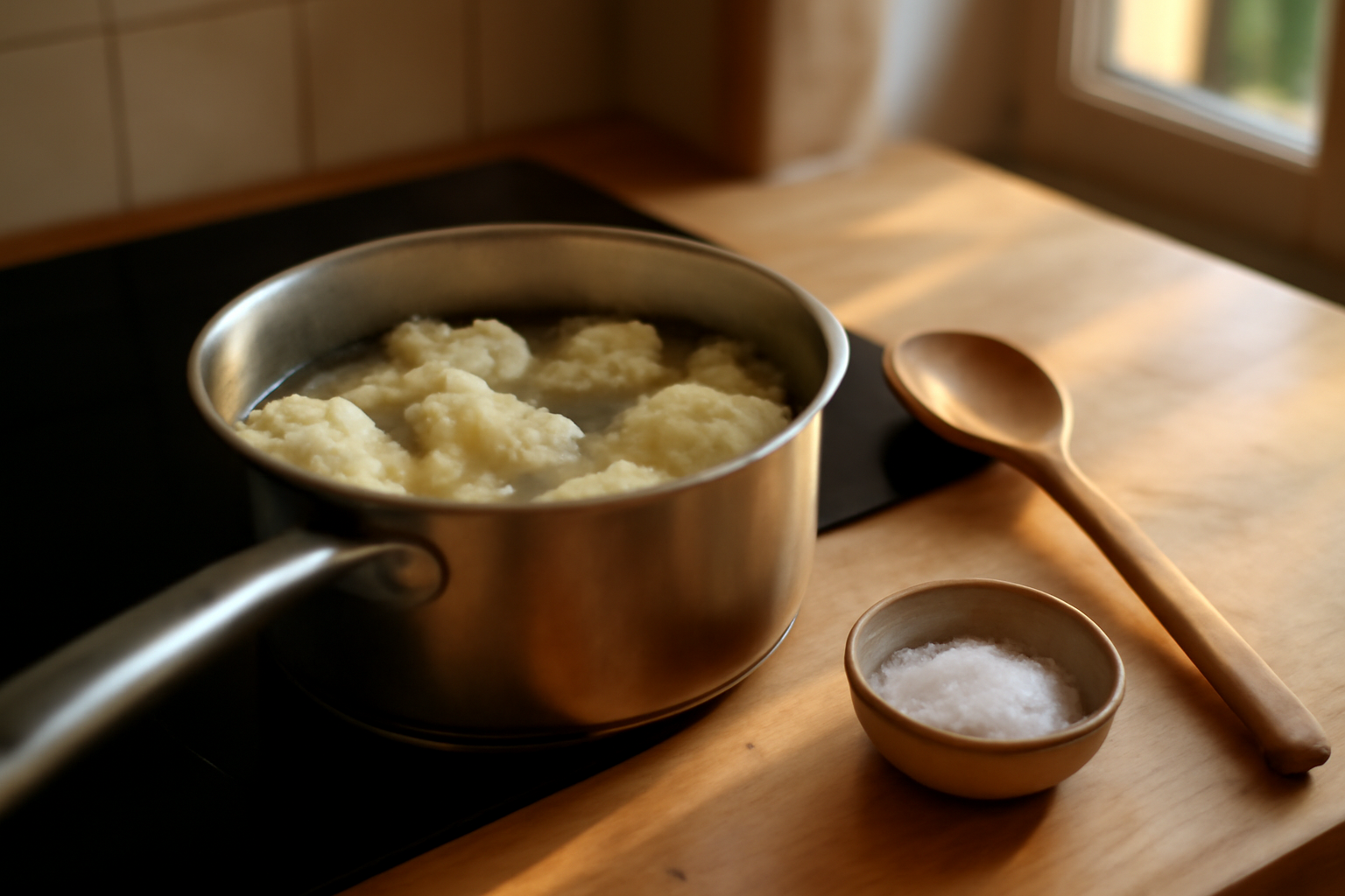 cuisson chou fleur eau : bouquets de chou-fleur dans une casserole d’eau bouillante salée