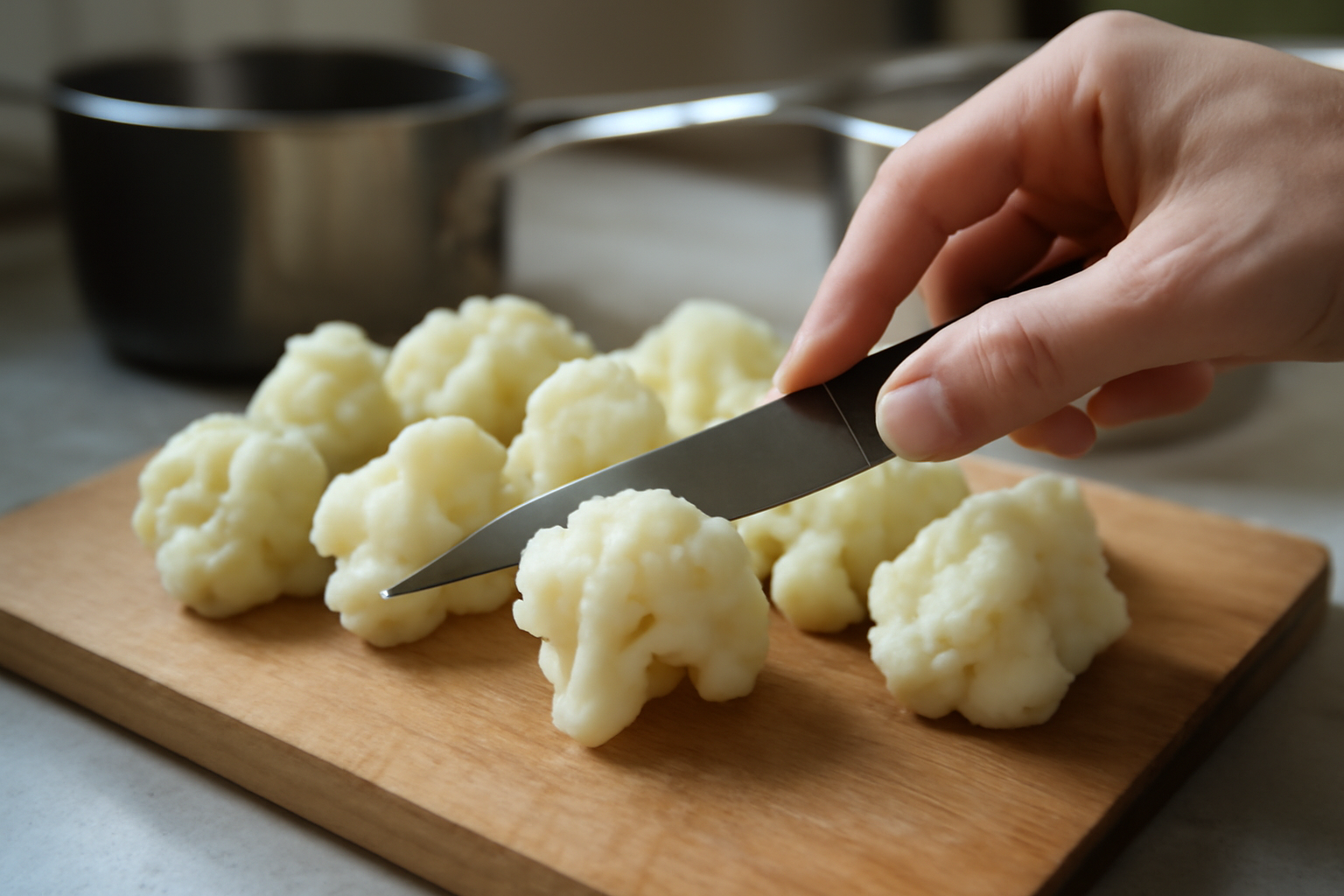 couteau qui teste la cuisson du chou-fleur après cuisson à l’eau
