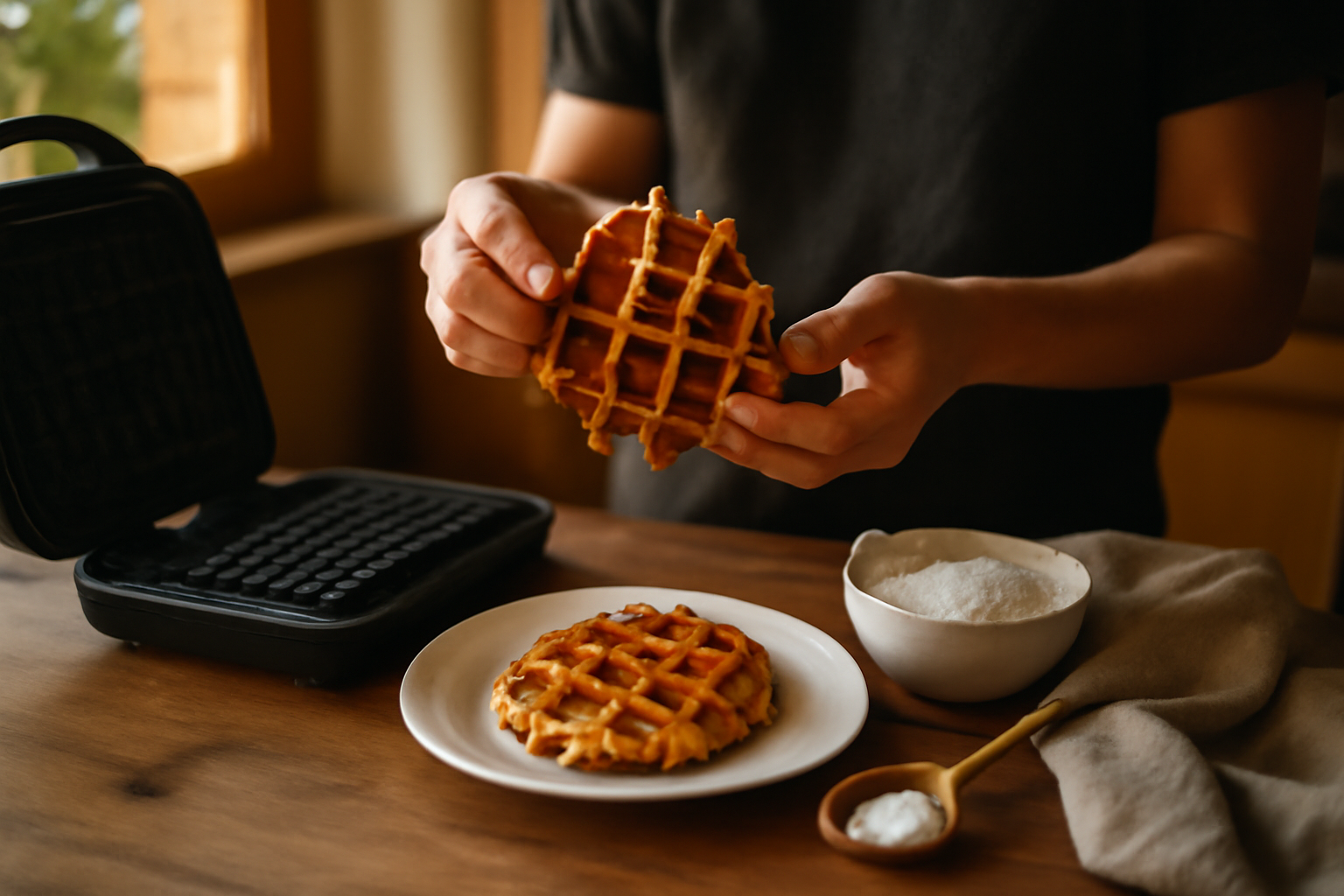 Gaufre liégeoise recette avec perles de sucre caramélisées sur une table de cuisine
