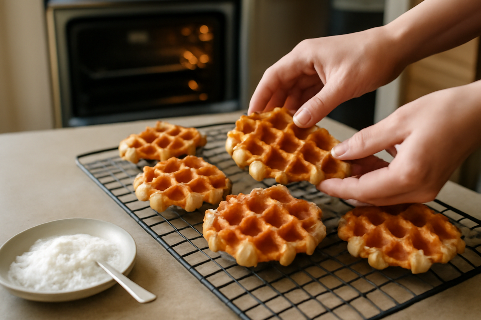 Gaufres liégeoises prêtes à être réchauffées au four sur une grille