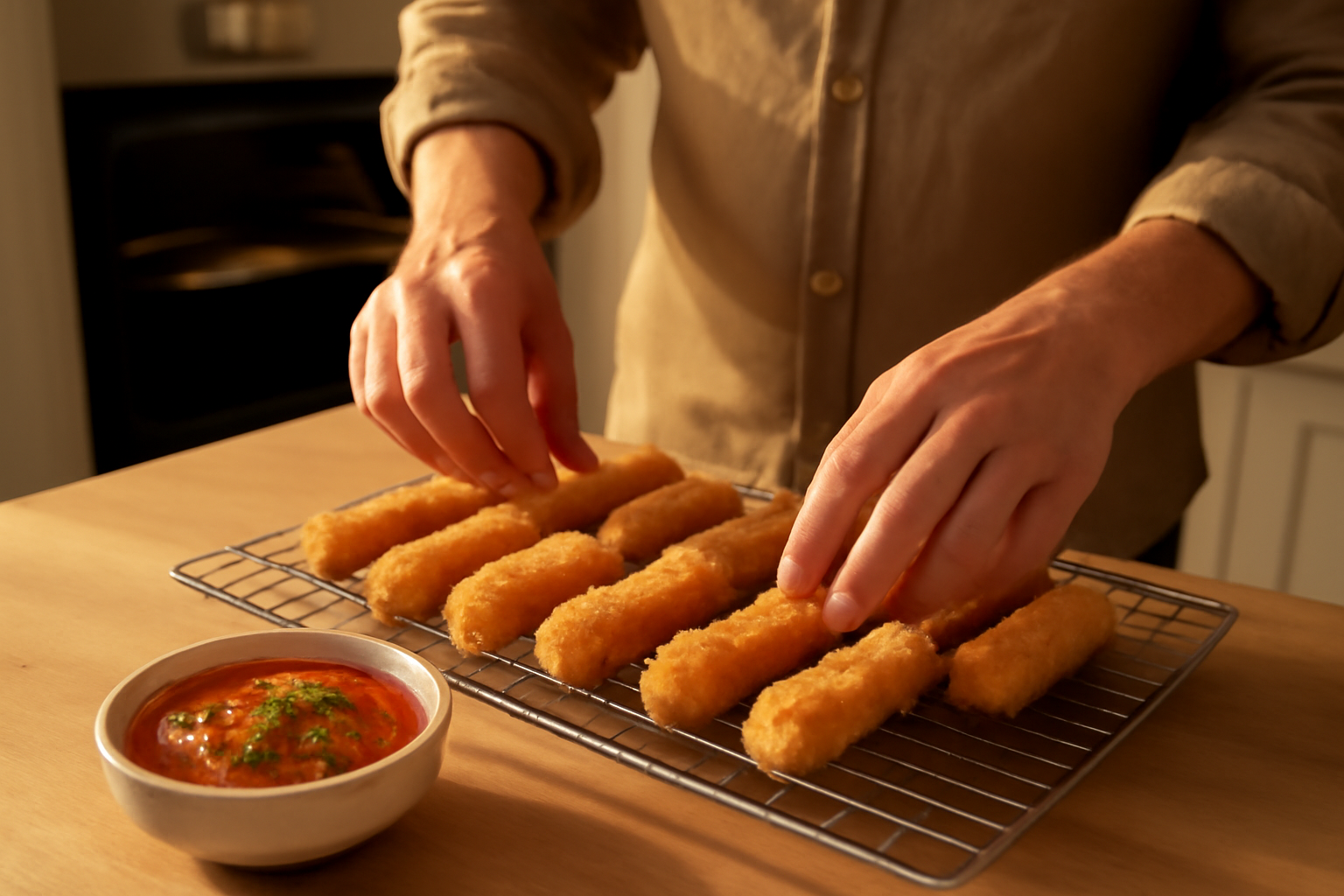 Mozza stick maison avec cœur de mozzarella fondante, panure croustillante et sauce tomate rouge