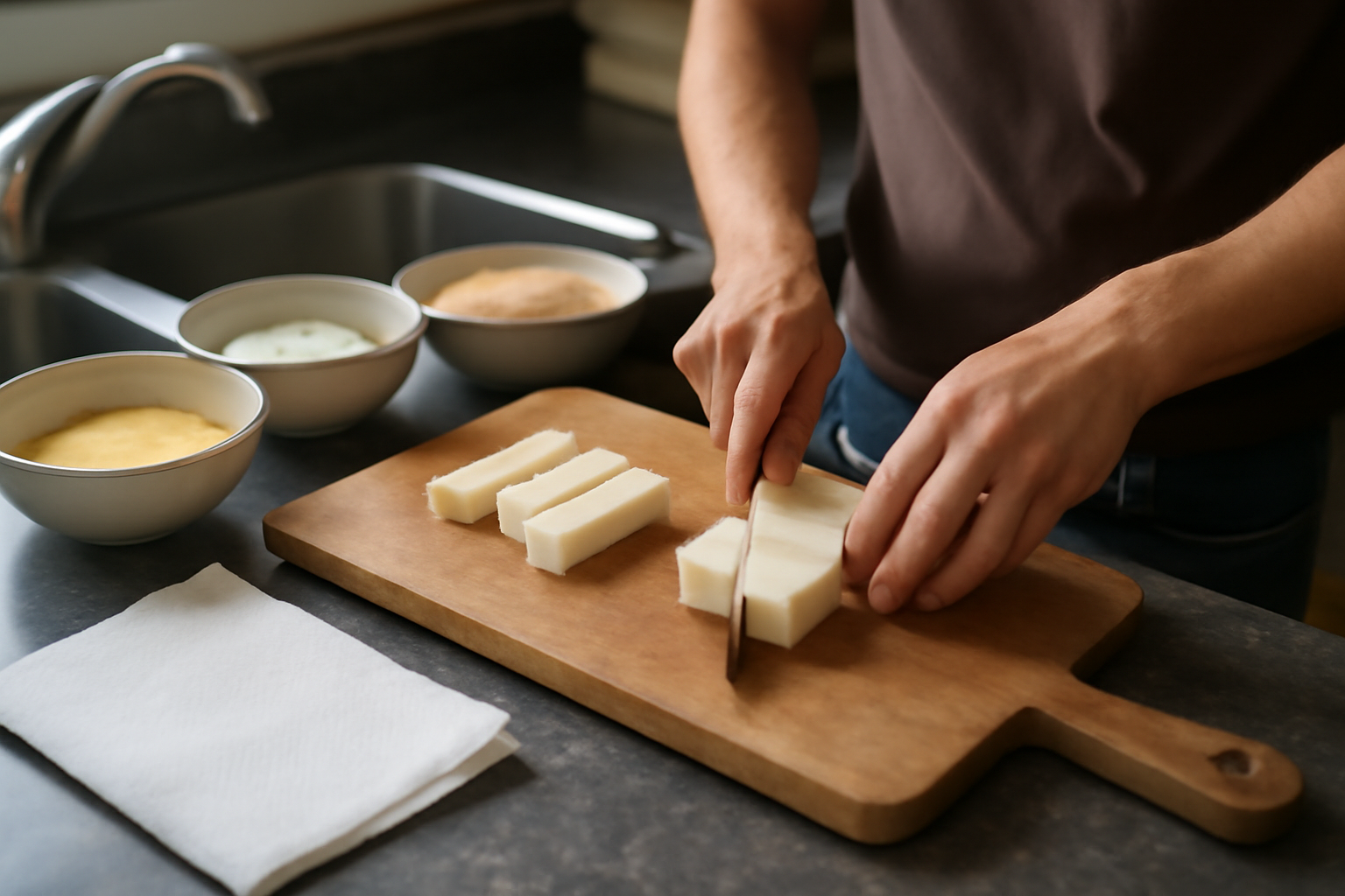 Bâtonnets de mozzarella en bloc prêts à être panés pour des mozza stick sans fuite