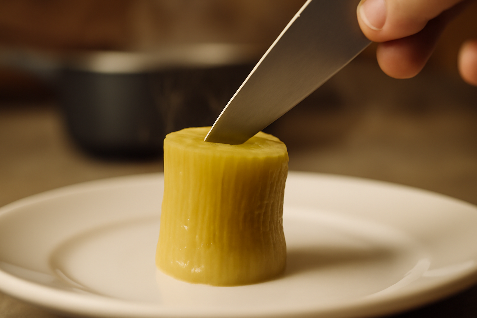 Test de cuisson des poireaux à la pointe du couteau pour une poireaux vinaigrette recette