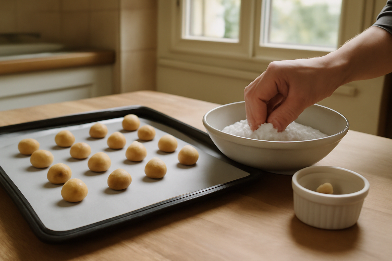 recette amaretti italiens aux amandes, boules avant cuisson sur plaque