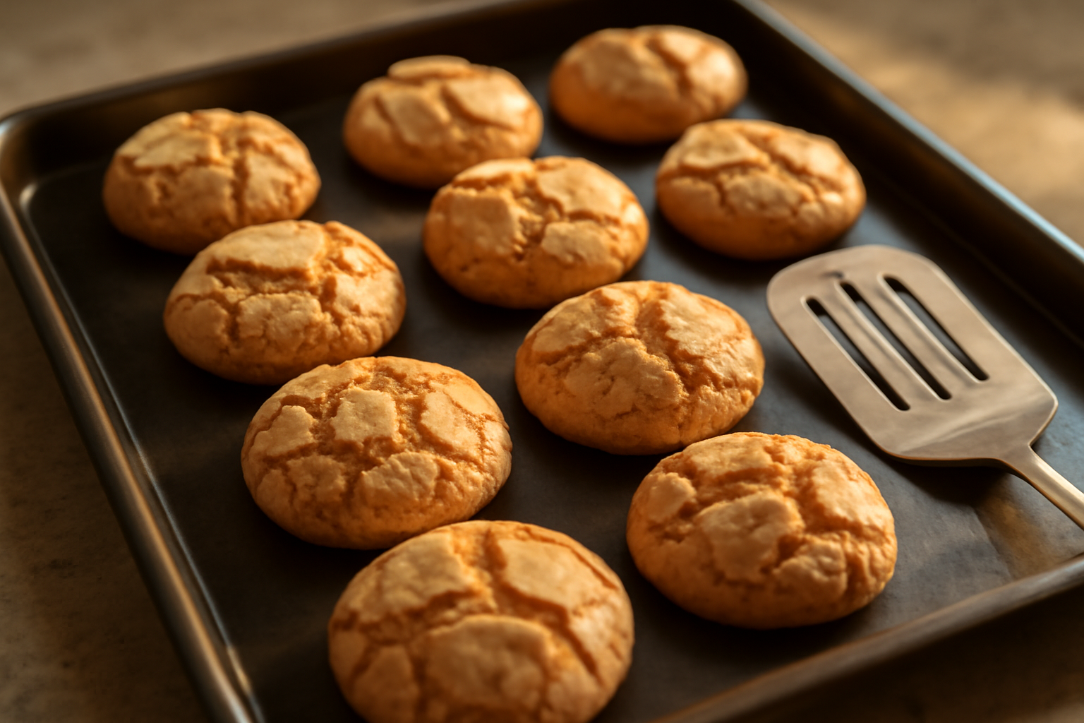amaretti craquelés dorés sur plaque après cuisson