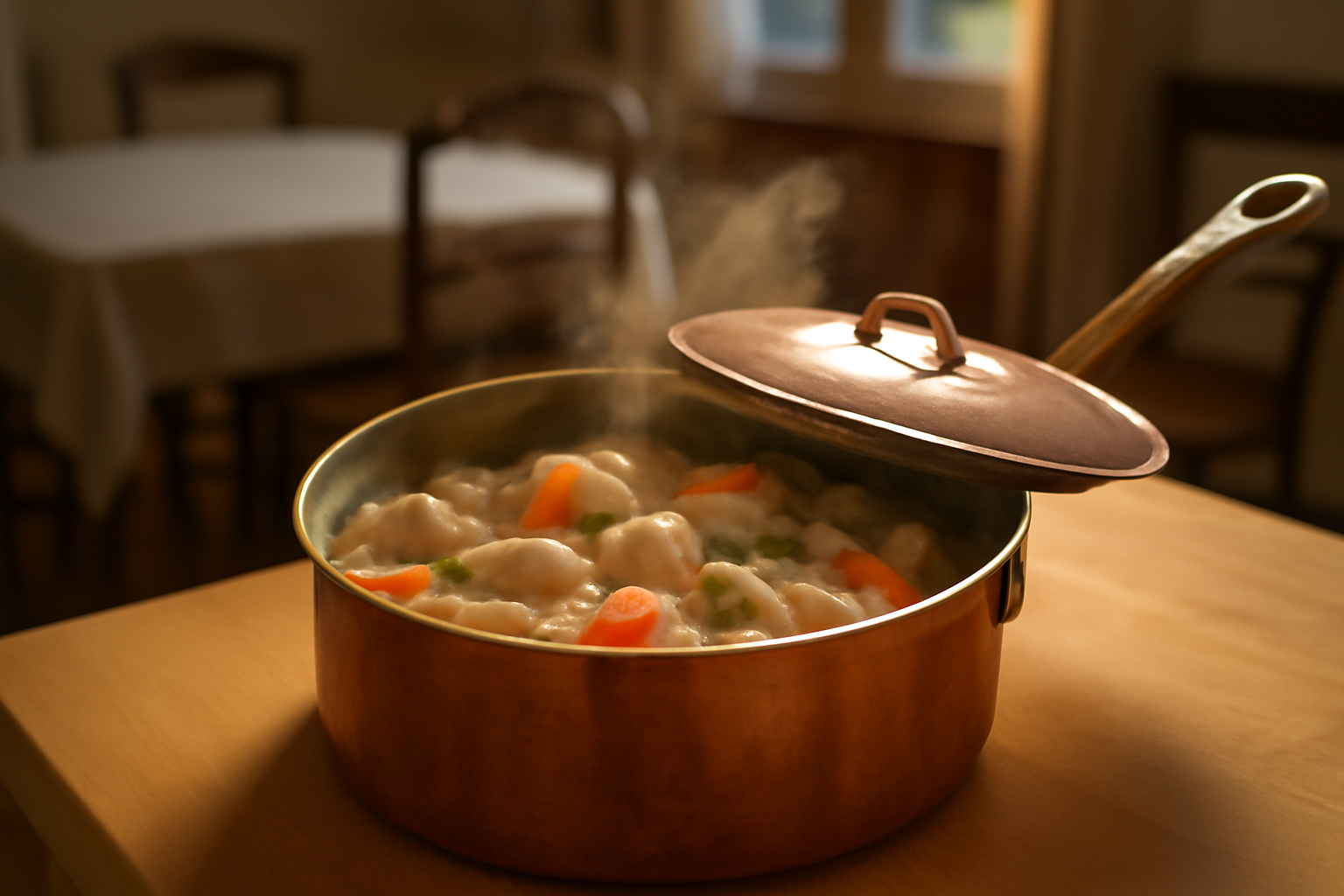 recette blanquette de poulet claire et onctueuse dans un plat, poulet et légumes nappés de sauce blanche