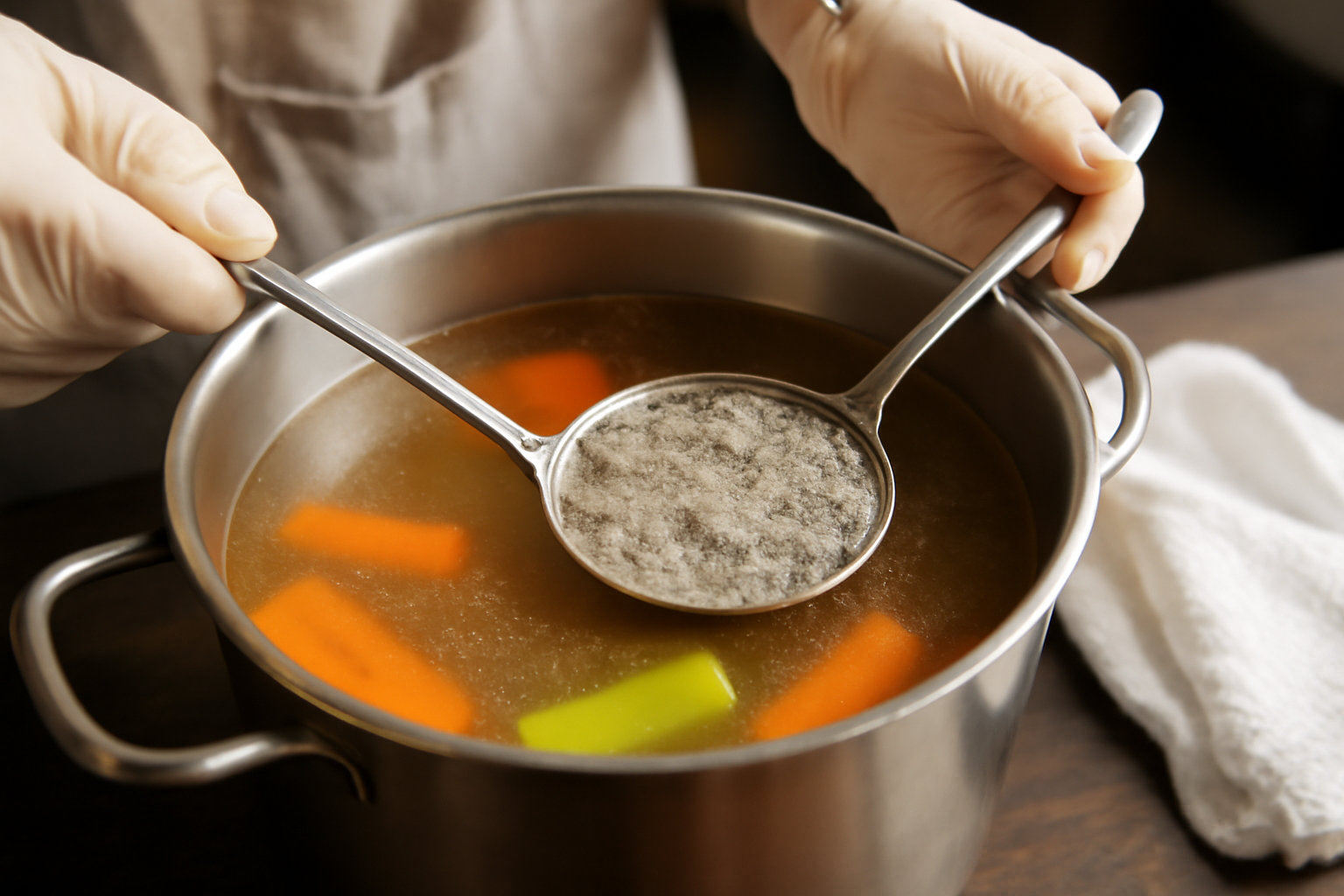écumage du bouillon pour une recette blanquette de poulet claire avec écumoire au-dessus de la casserole