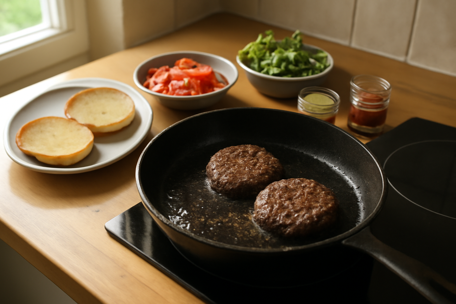 recette hamburger maison : steaks de bœuf et pains toastés sur planche