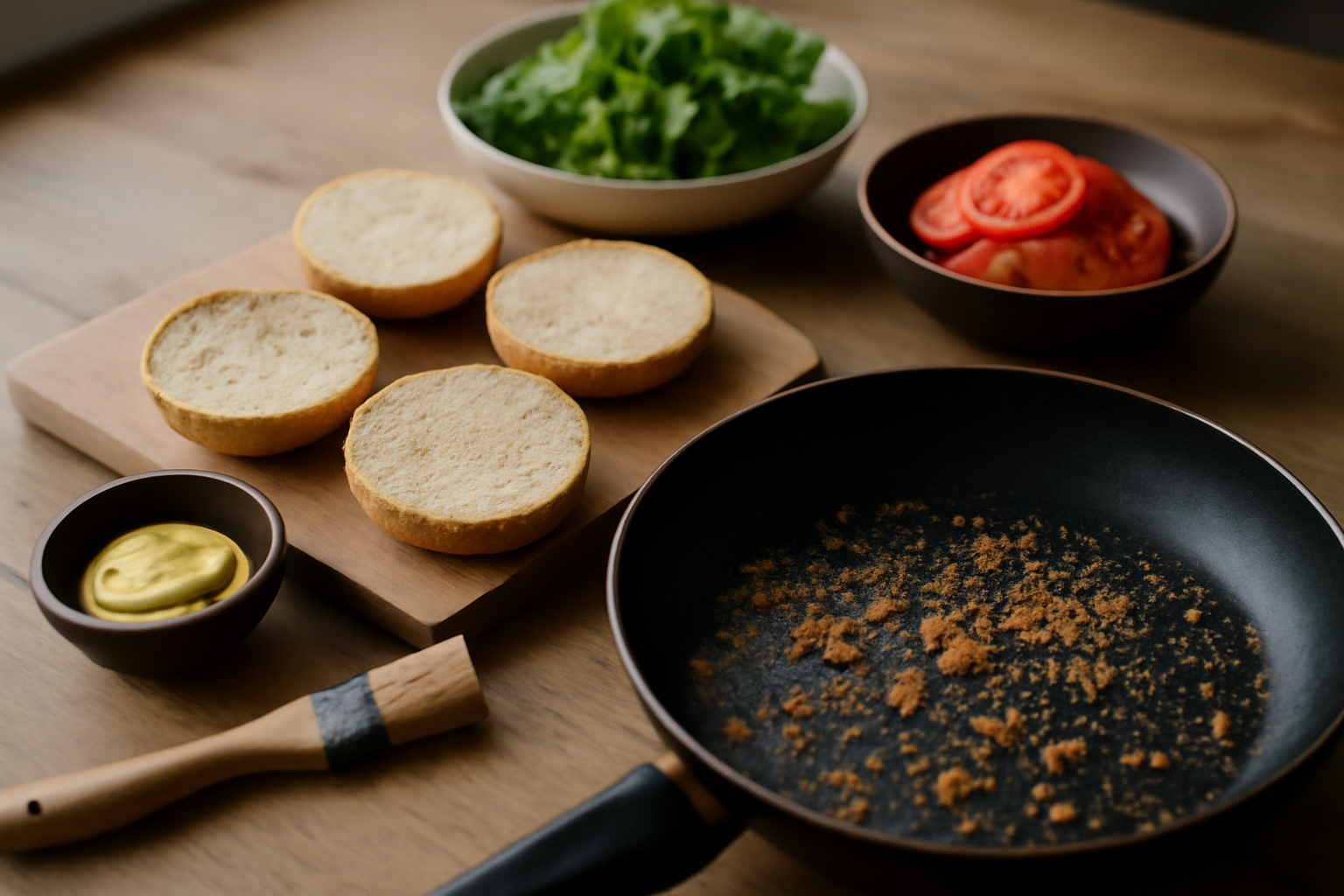 recette hamburger maison : pains à burger toastés et sauce en fine couche