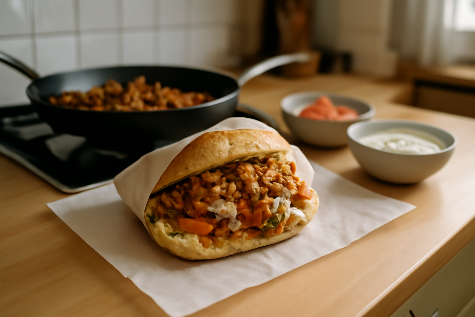 recette kebab maison : sandwich kebab dans une assiette avec viande dorée, crudités et sauce blanche