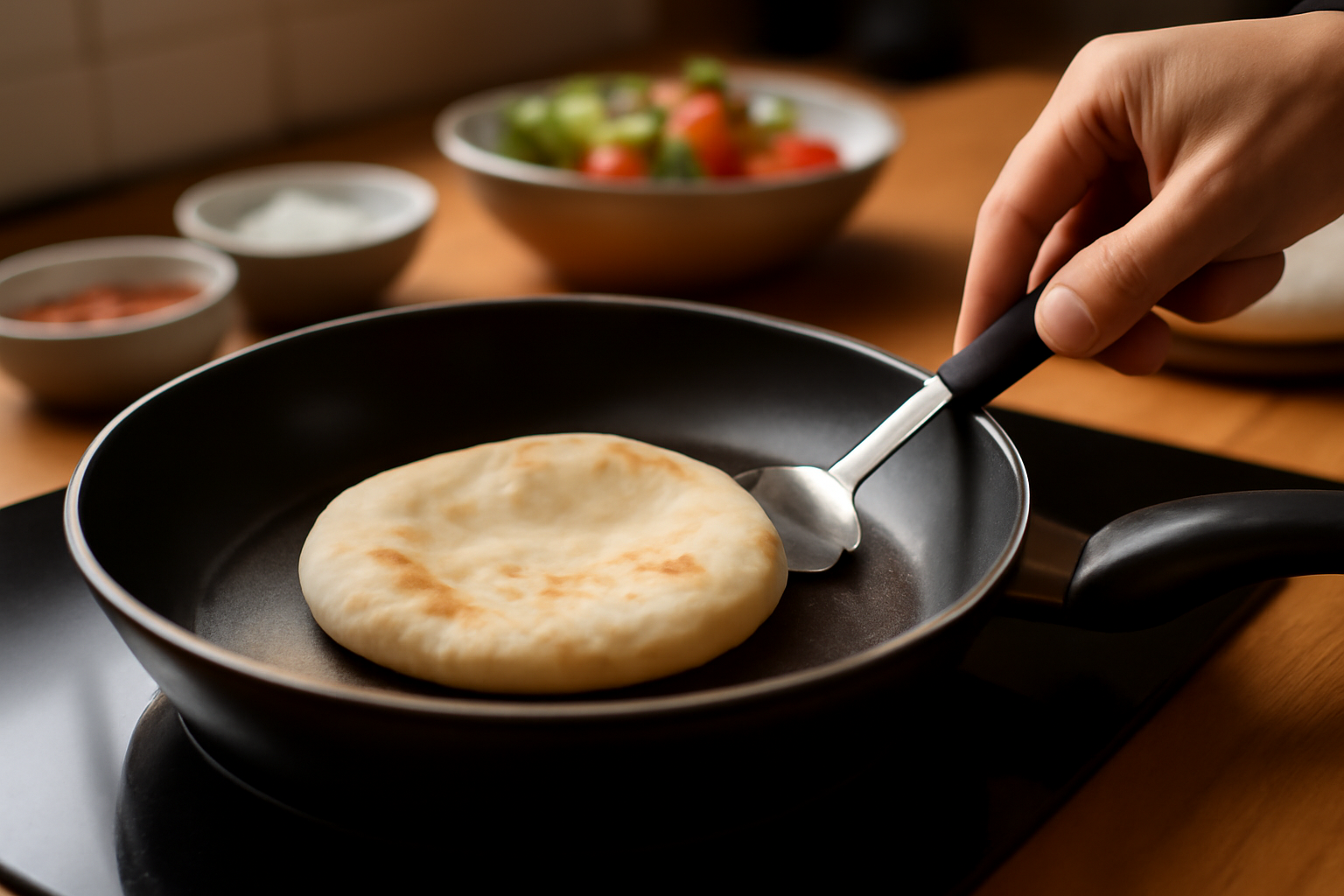 chauffage de pain pita pour recette kebab, pain souple légèrement toasté dans une poêle