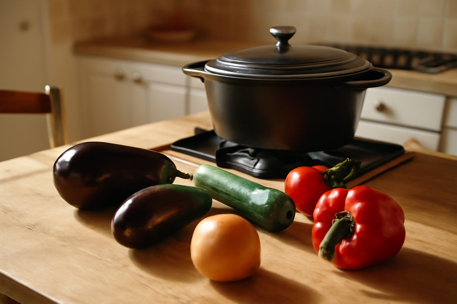 Recette ratatouille provençale : légumes taillés et cocotte mijotante