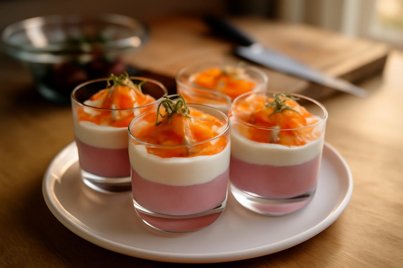 verrines repas saint valentin saumon betterave tarama dressées en couches