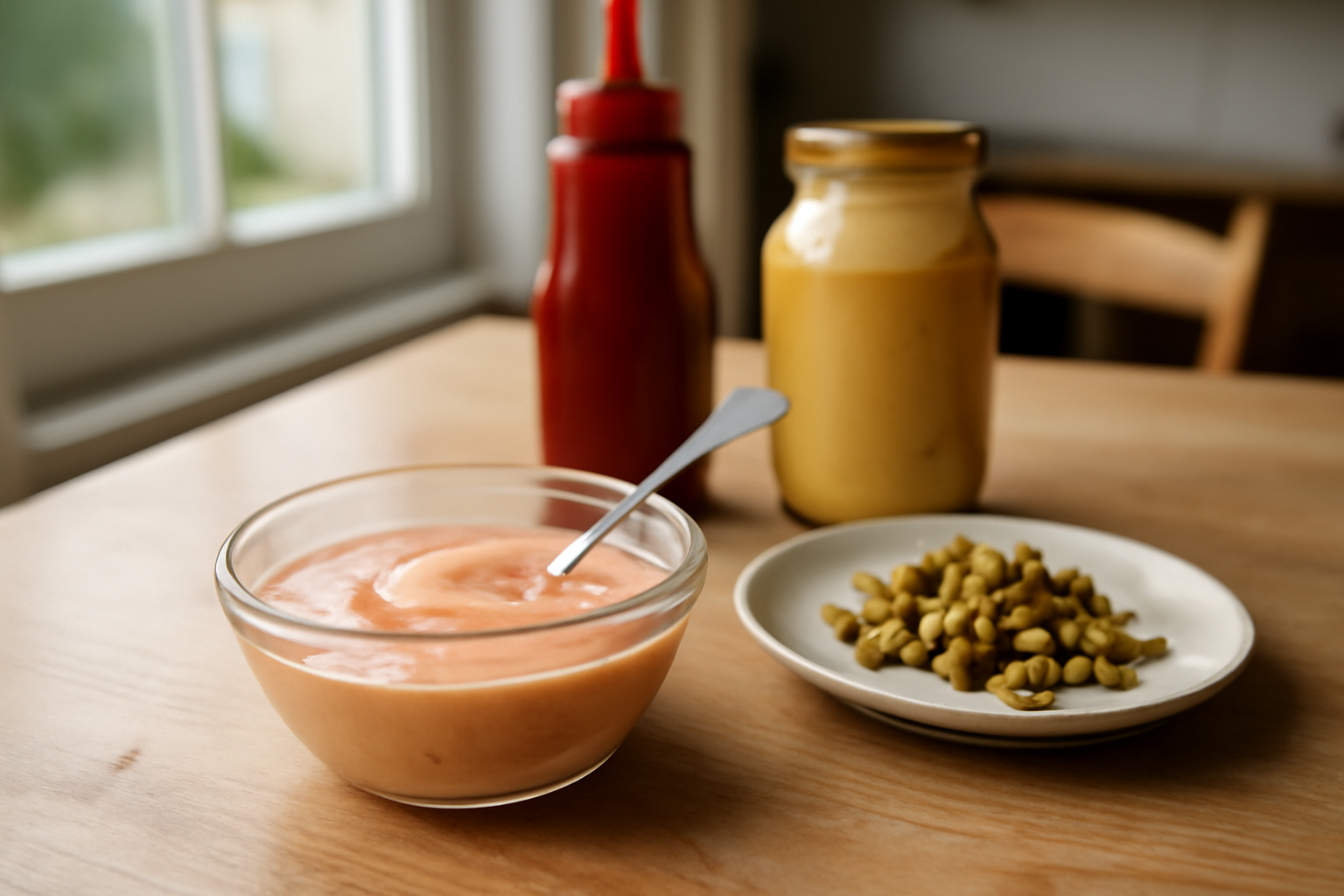 sauce burger maison onctueuse dans un bol en verre, cornichons et ketchup à côté, lumière naturelle