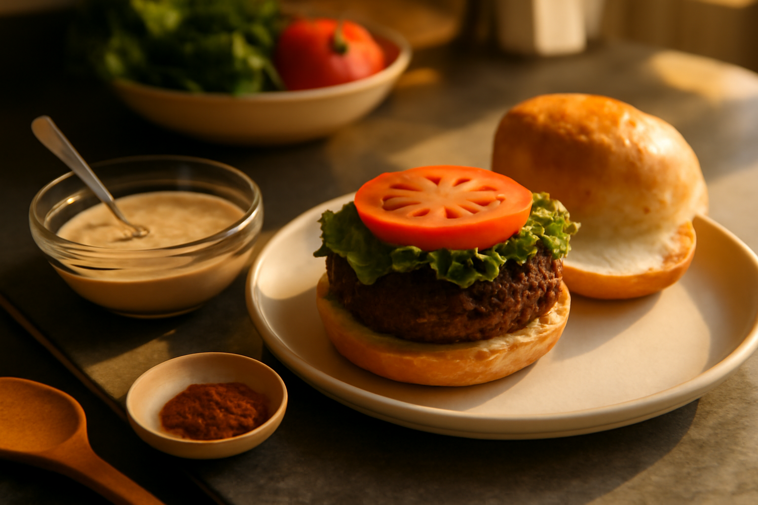 bol de sauce burger smoky avec paprika fumé et herbes, burger végétarien préparé à côté