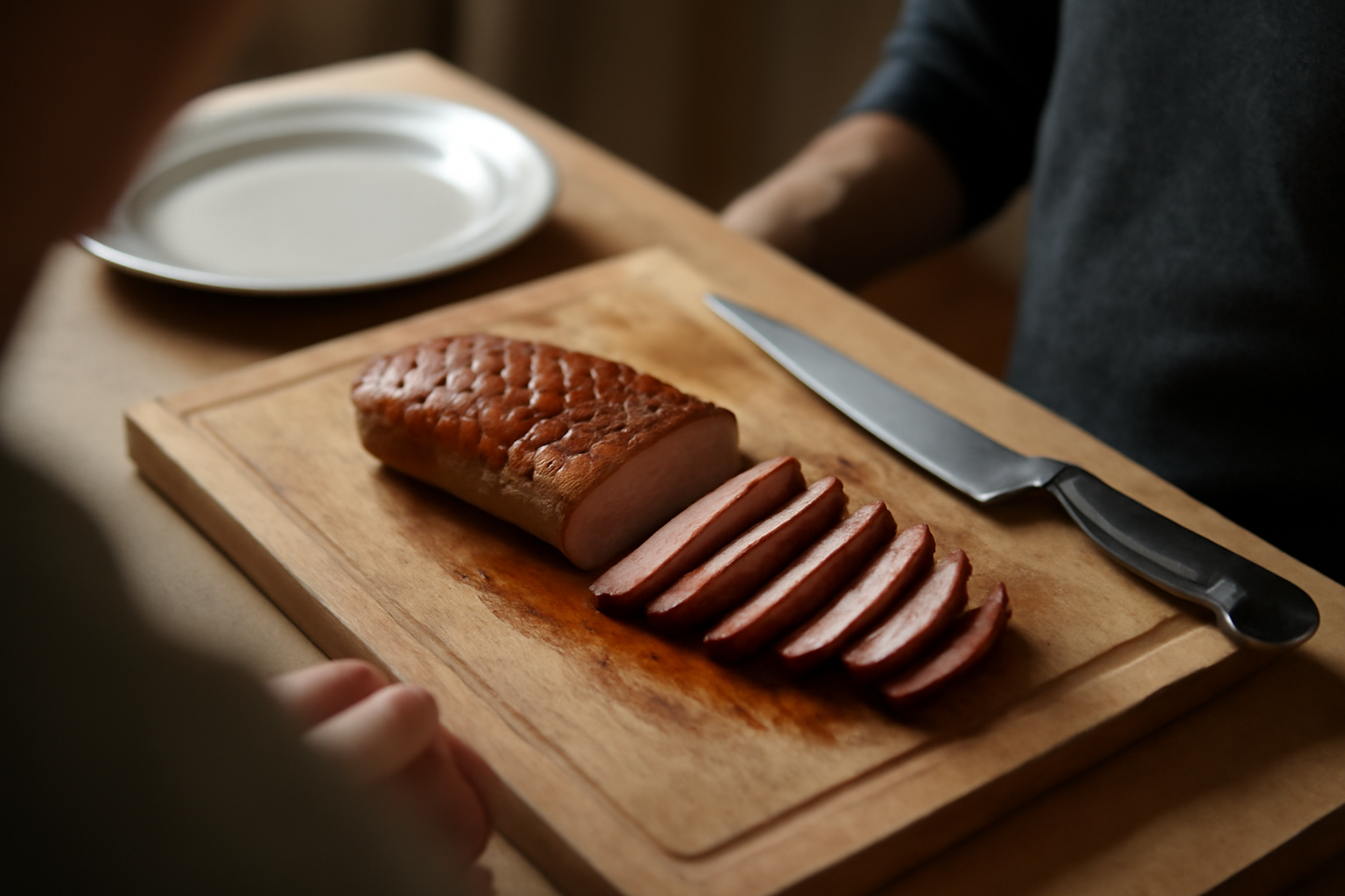 Découpe en fines lamelles de magret de canard poêlé après 5 minutes de repos