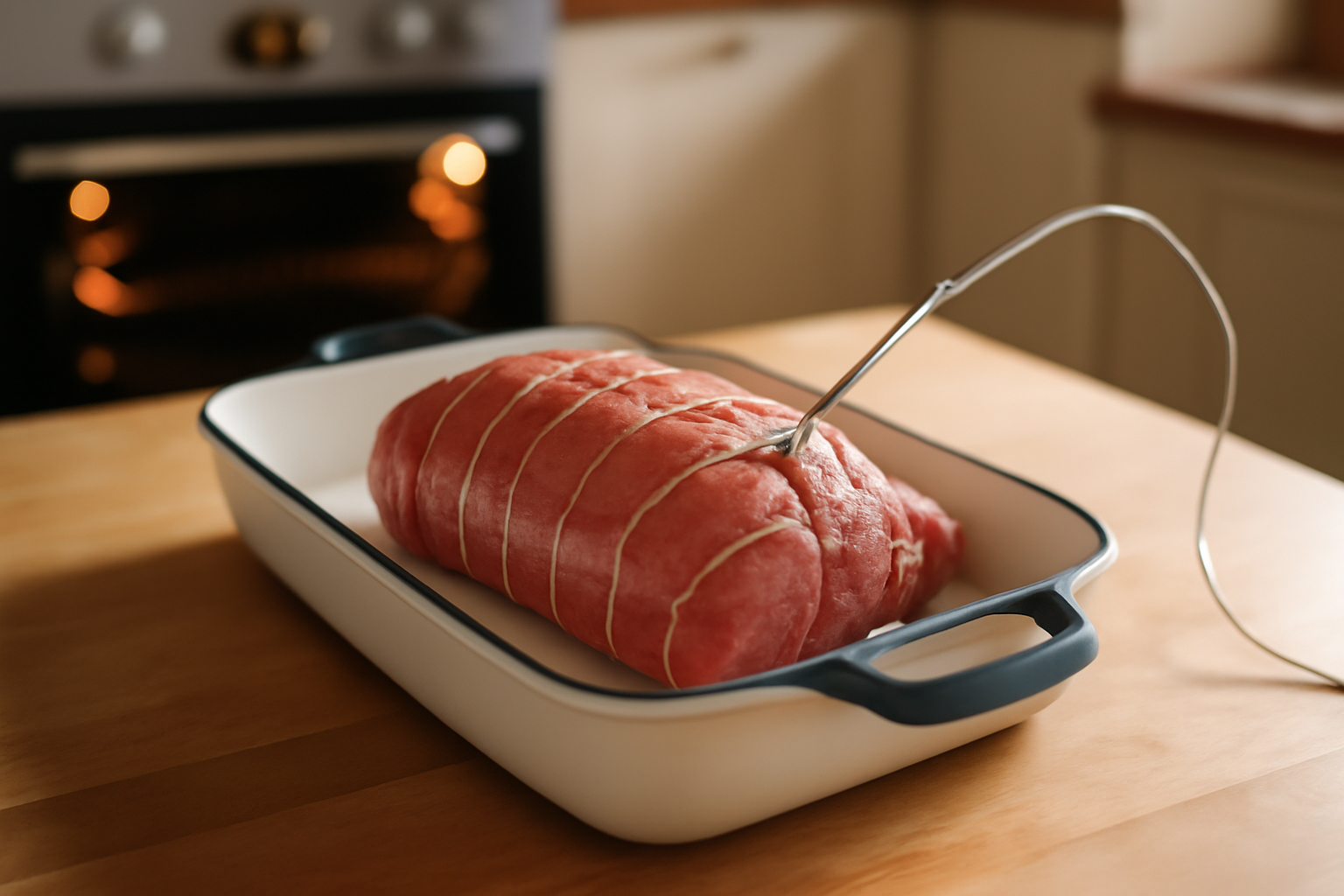 Temps cuisson roti boeuf : thermomètre à sonde dans un rôti de bœuf au four