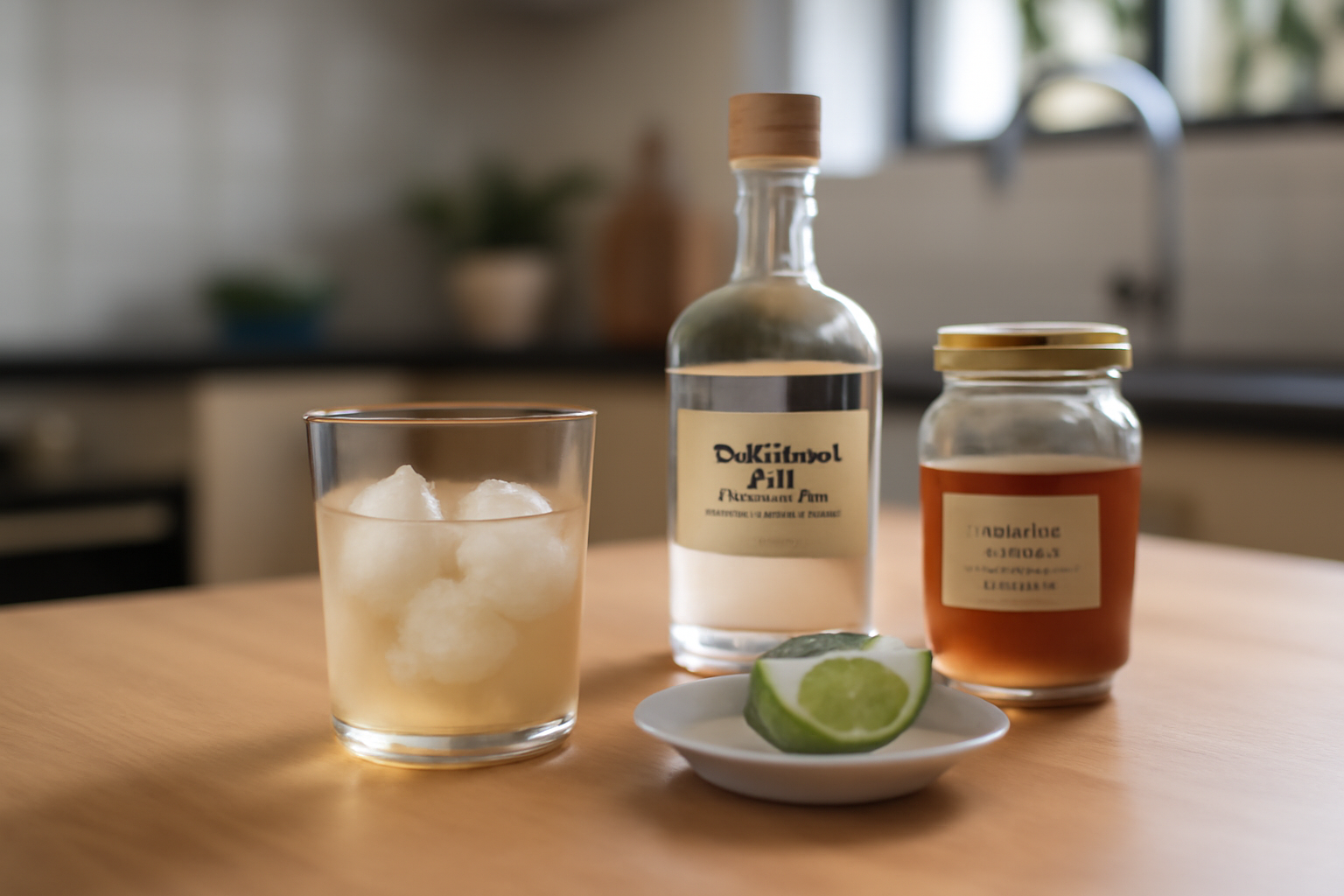 ti punch traditionnel au citron vert frais dans un verre avec glaçons, lumière naturelle
