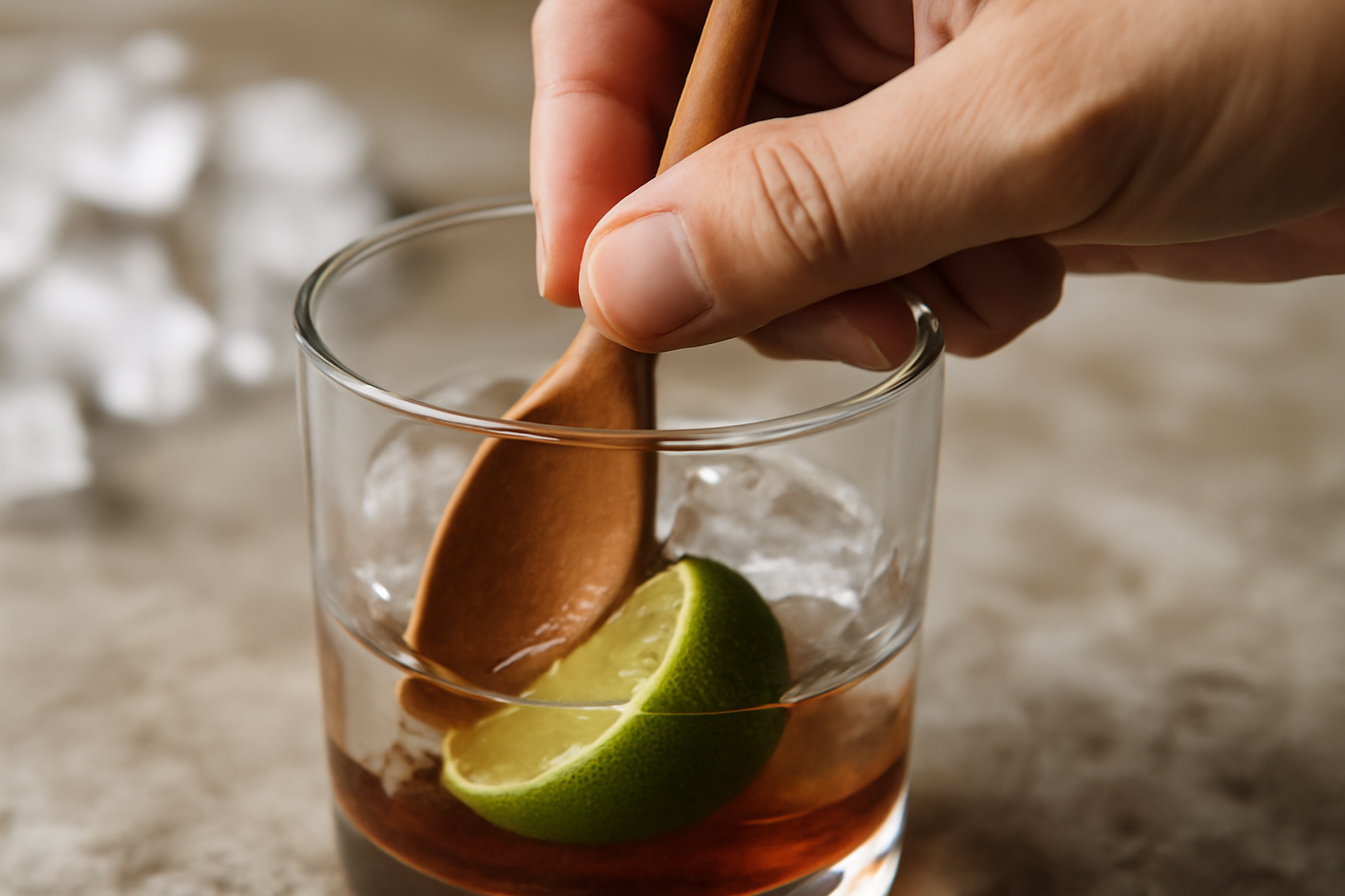 écrasage doux du citron vert pour ti punch avec sirop de canne dans un verre