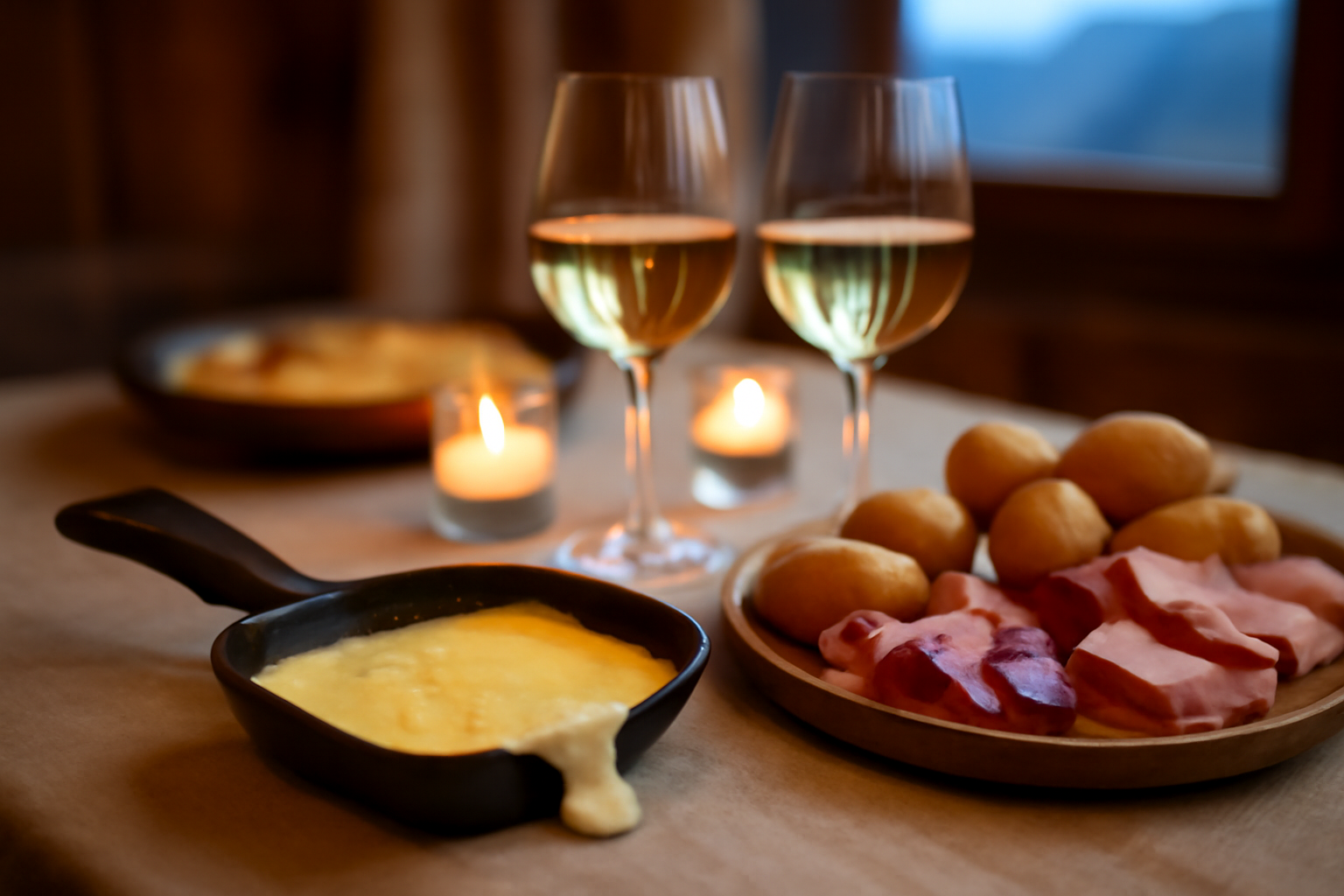 Vin blanc raclette dans une table de dégustation avec fromage fondu et verres à vin