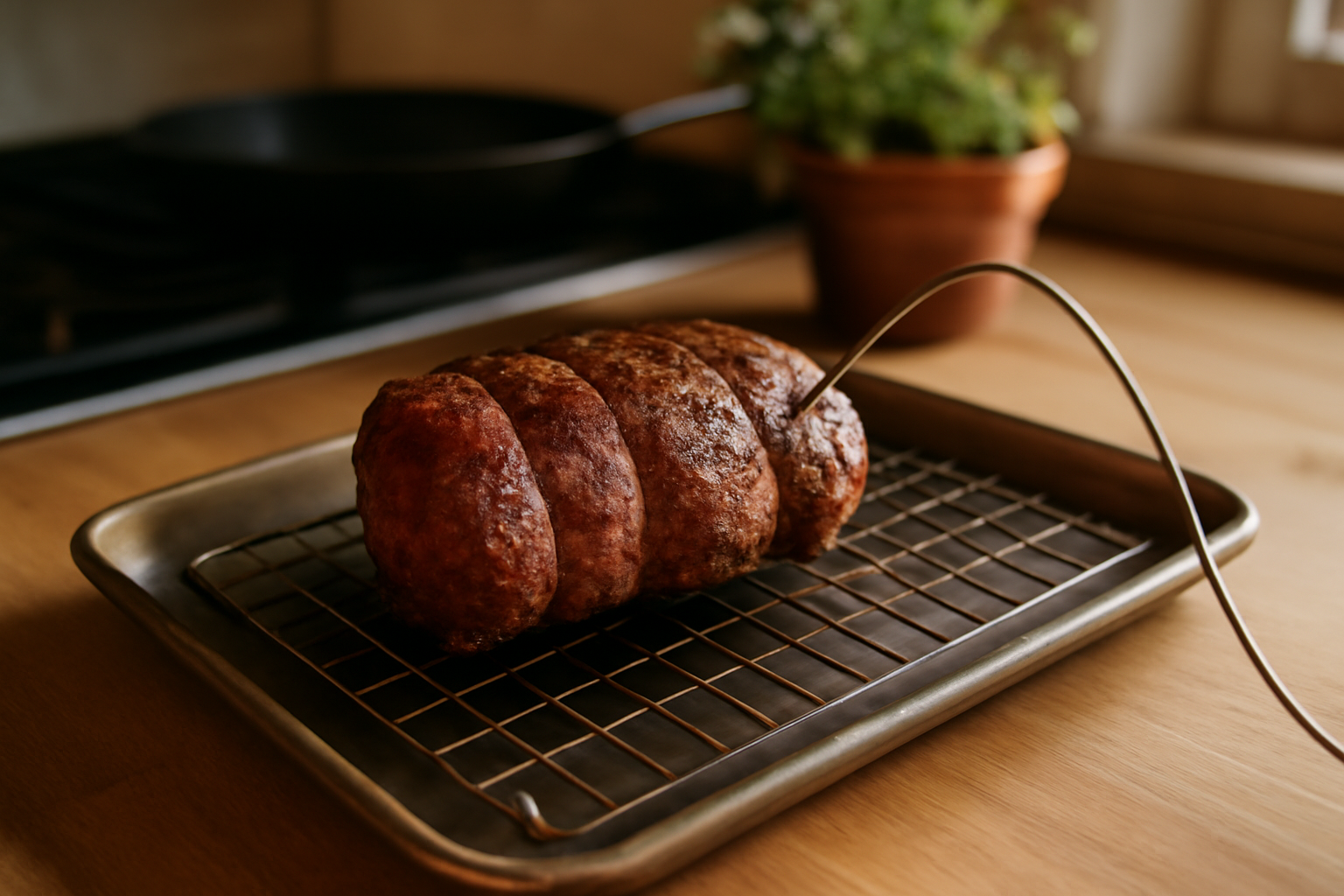 chateaubriand viande au four avec sonde à viande, croûte dorée et cœur rosé