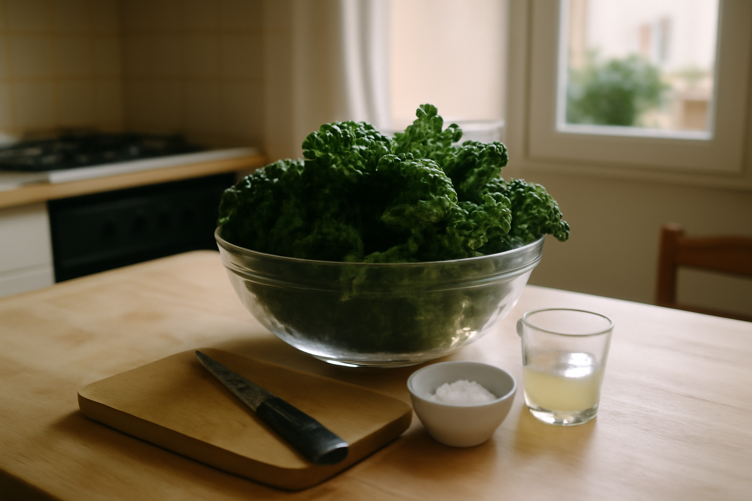 chou frisé frais vert foncé sur planche de cuisine, couteau et bols, lumière naturelle