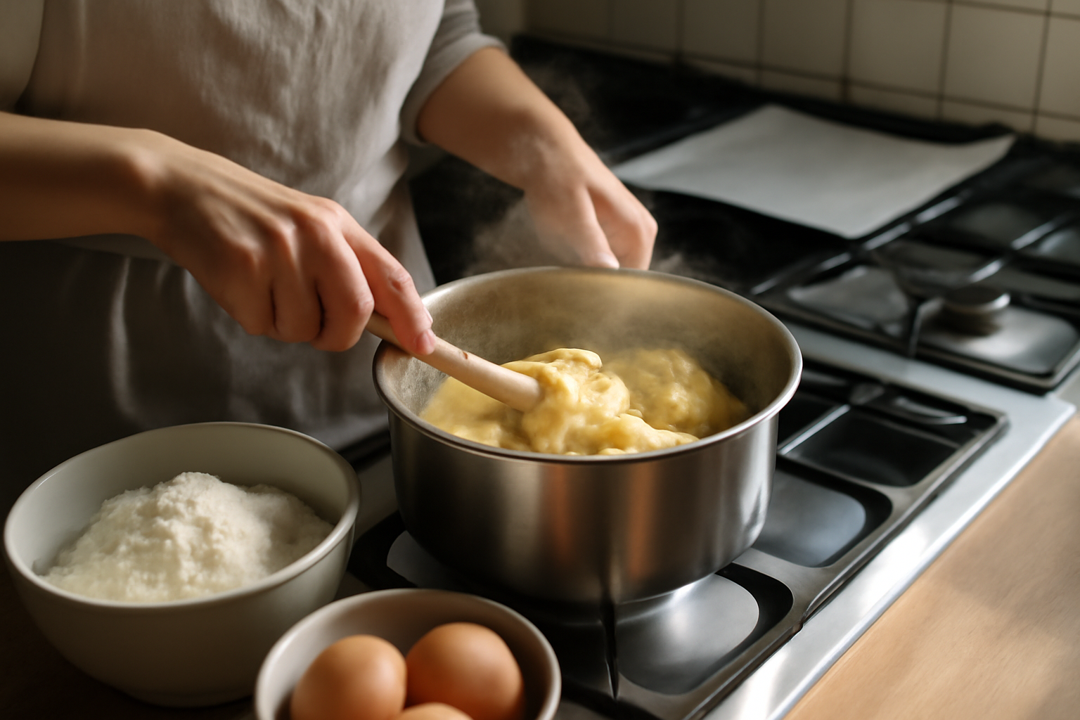 choux a la creme étape panade desséchée dans une casserole