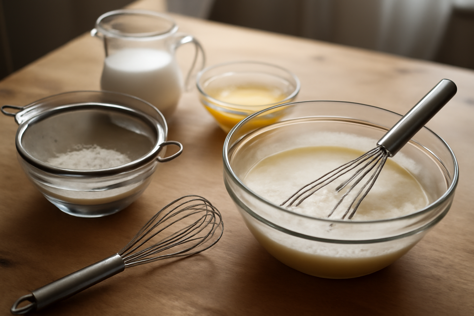 fouet et tamis pour obtenir une pâte fluide de crepe dentelle sans grumeaux