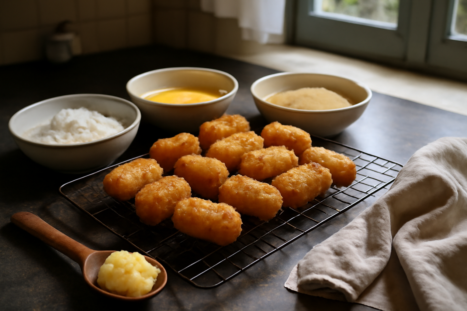 Croquettes pomme de terre maison croustillantes sur grille, lumière de cuisine