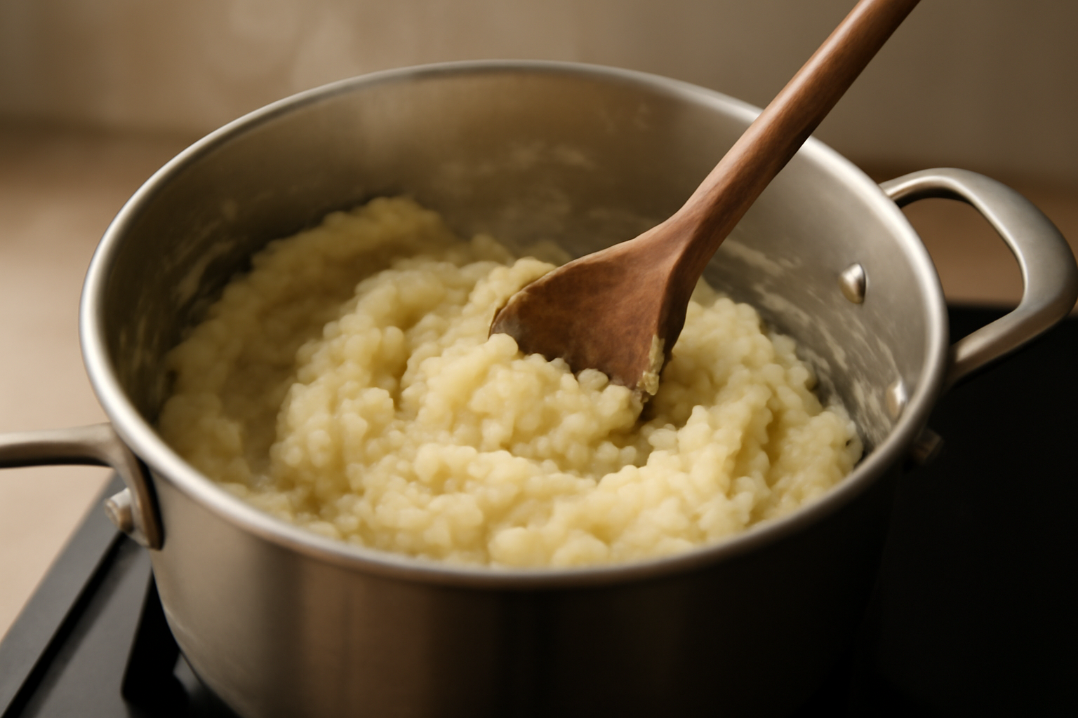 Purée de pommes de terre asséchée à feu doux dans une casserole