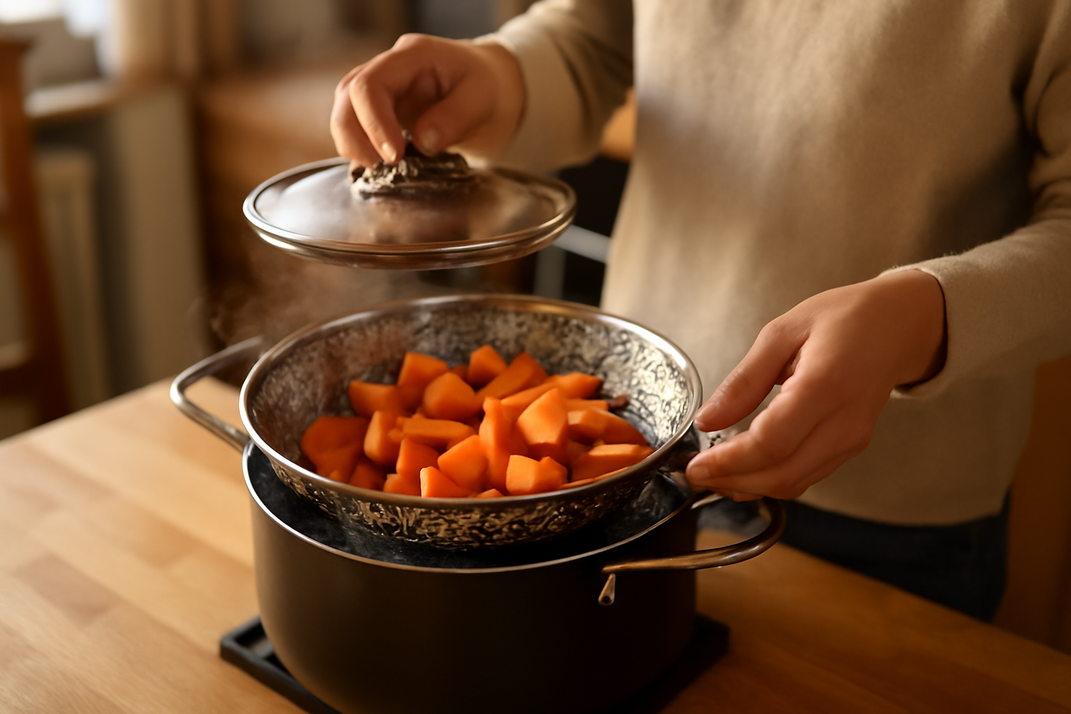 cuisson carottes à la vapeur dans un panier vapeur en cuisine, photo réaliste
