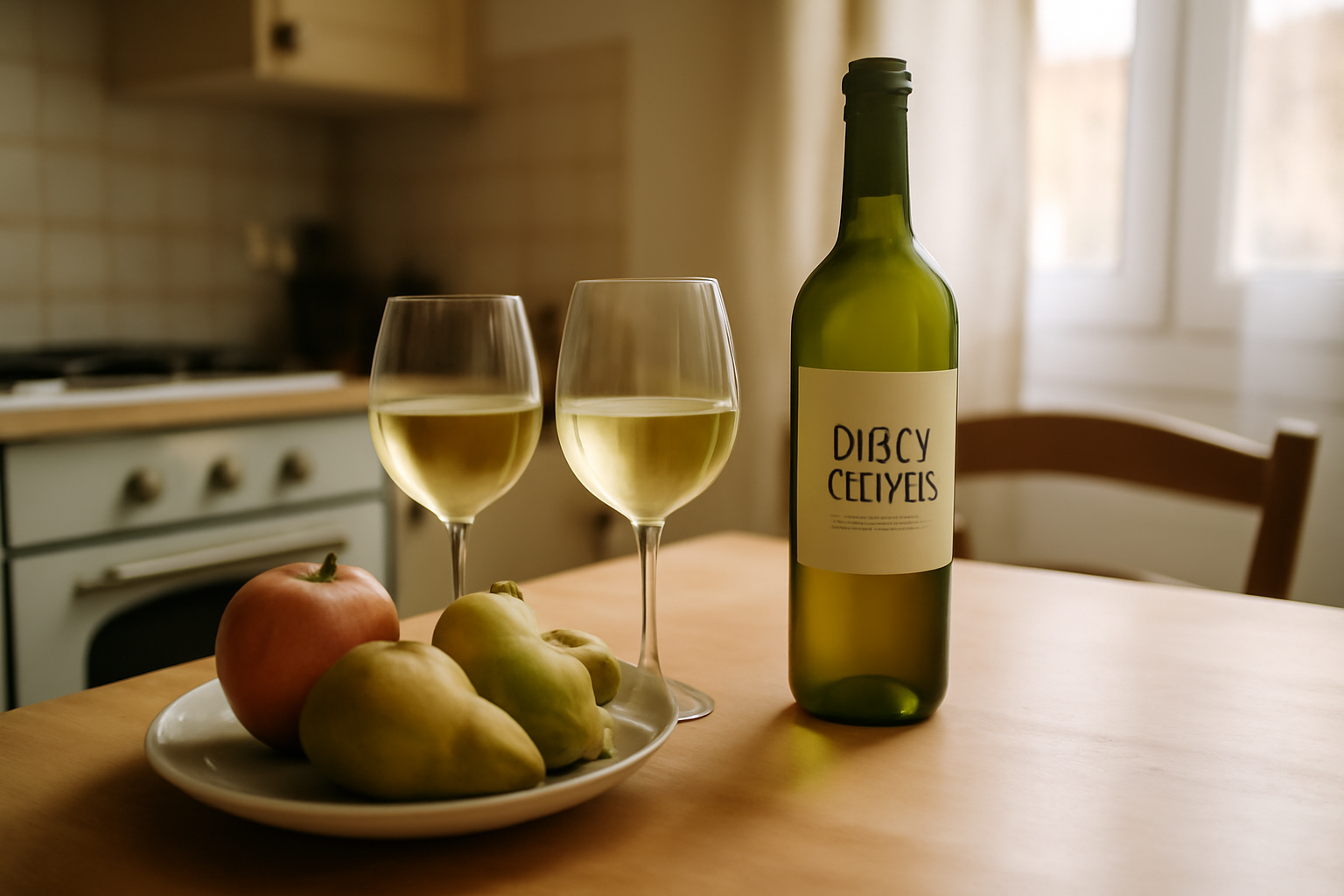 Verres de vin blanc gris pinot grigio et étiquette de bouteille sur une table de cuisine en France, lumière naturelle
