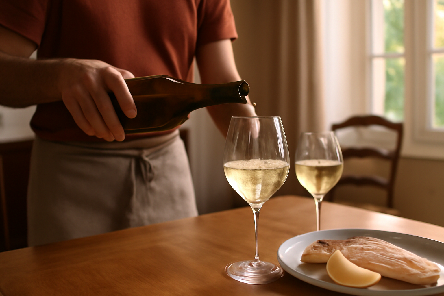 Service d’un vin blanc gris pinot grigio à 10-12 °C dans un verre, avec fruits et poisson sur une table