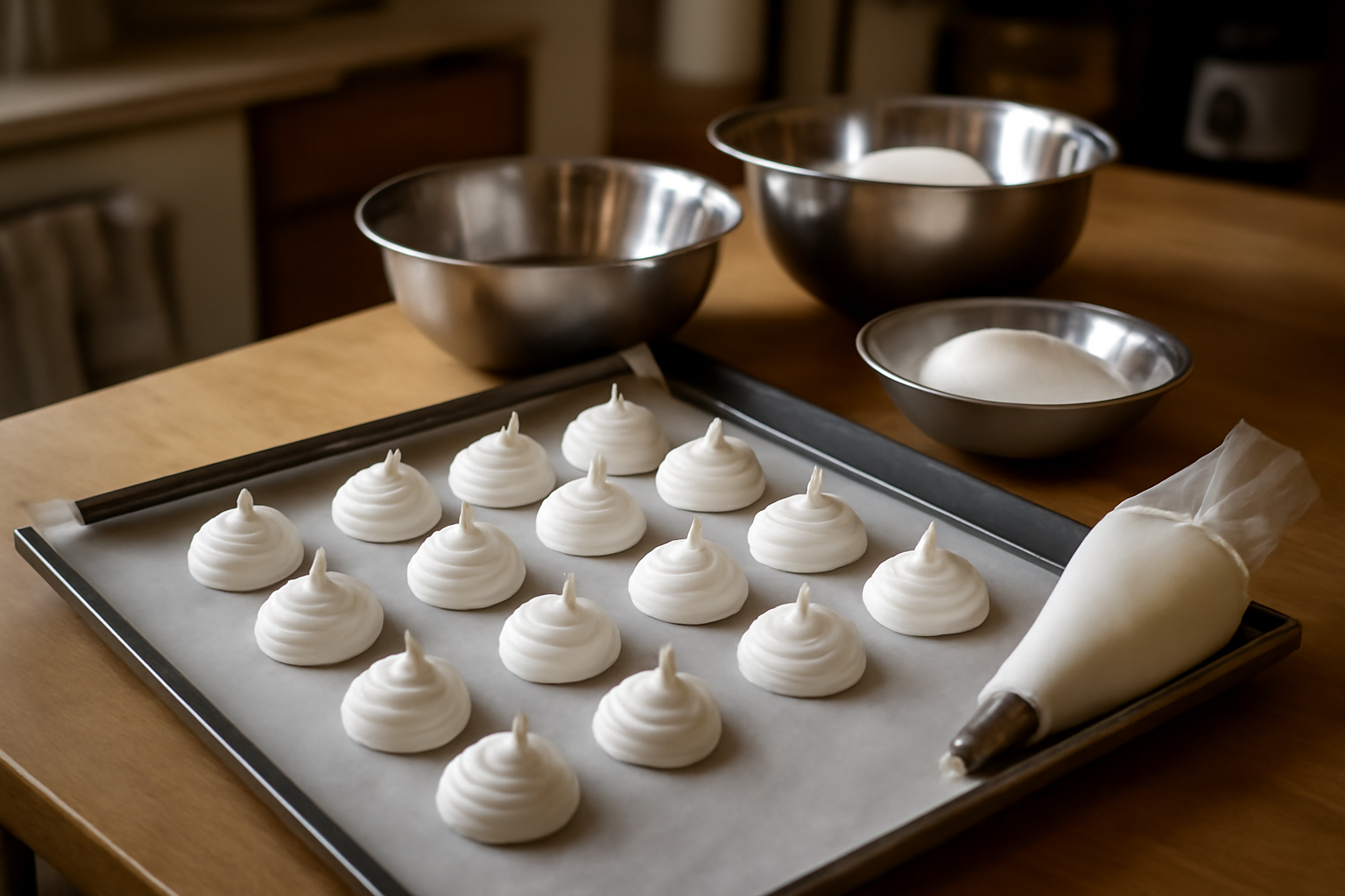 Meringue suisse en coques blanches sur plaque, poche à douille et papier cuisson, lumière naturelle