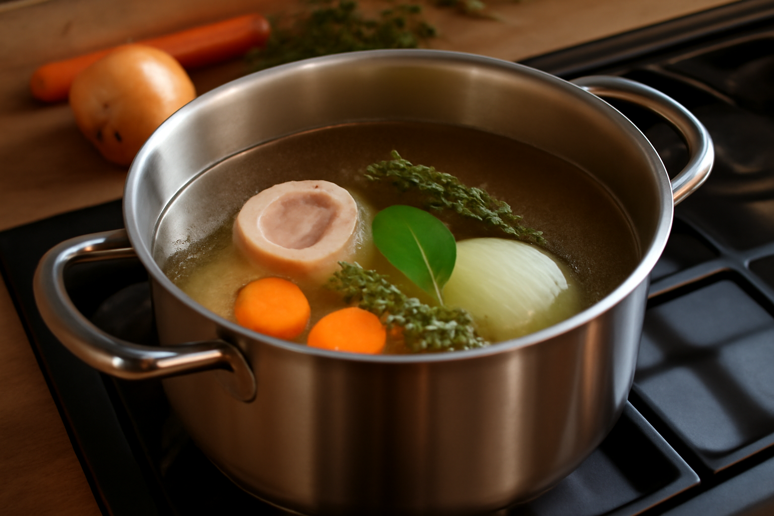 Casserole de bouillon frémissant avec aromates pour la cuisson des os à moelle