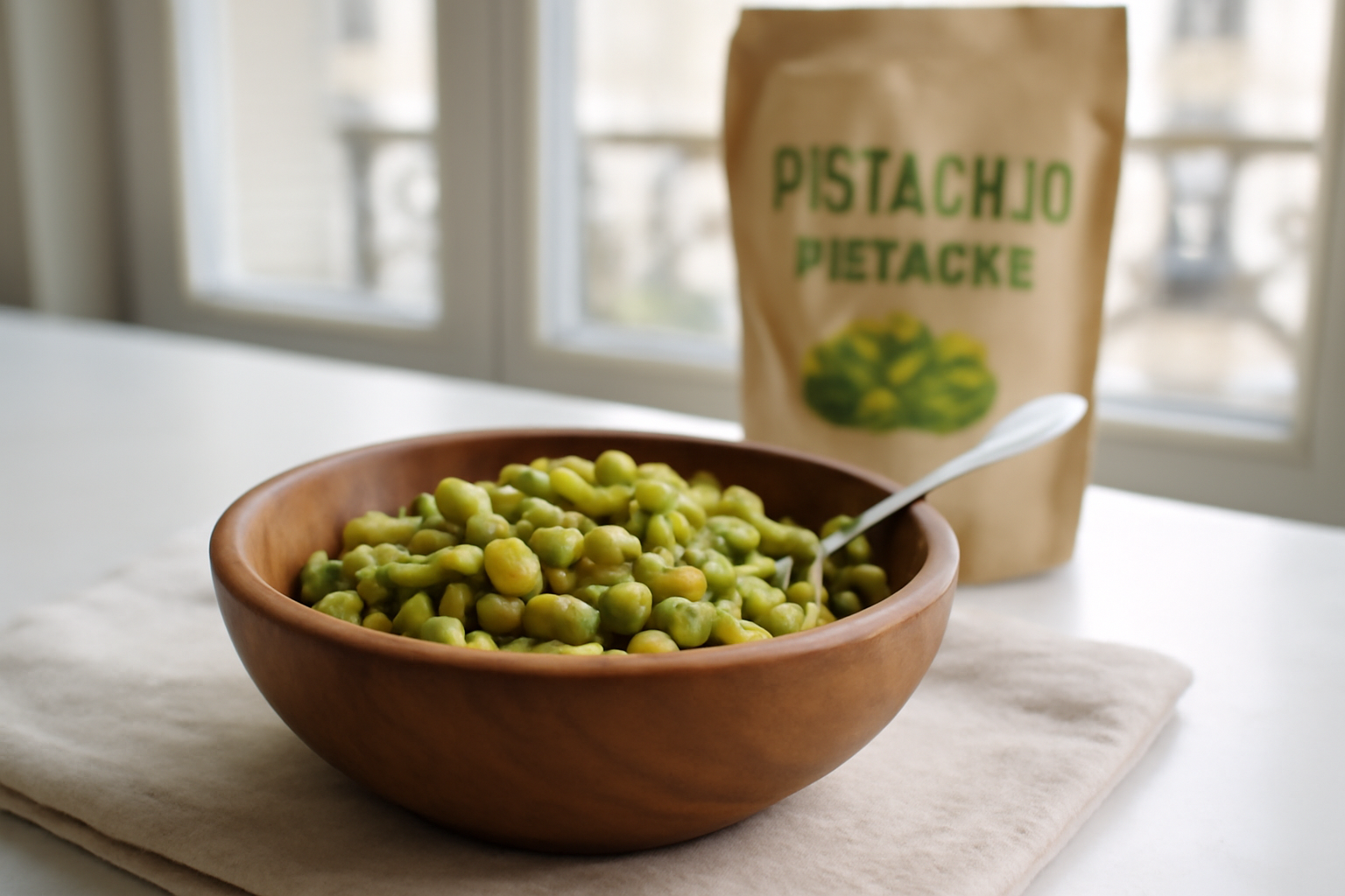 pista and pistachio : pistaches décortiquées grillées dans un bol en bois sur une table de cuisine