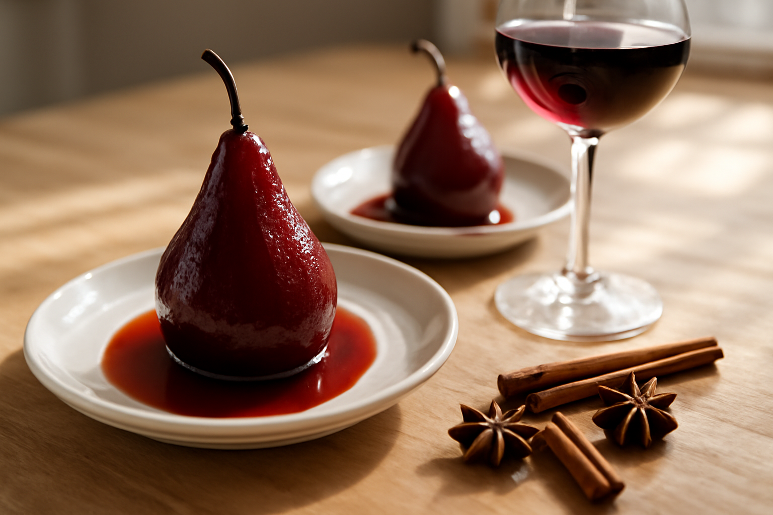 Poires au vin rouges pochées brillantes dans un sirop parfumé