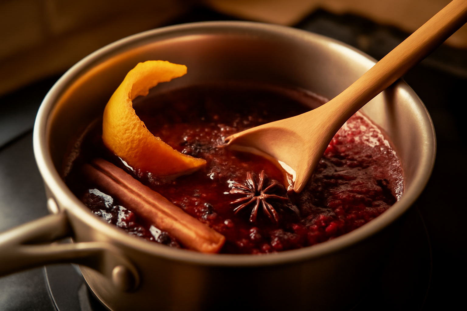Sirop de poires au vin frémissant avec épices et zeste d’agrume