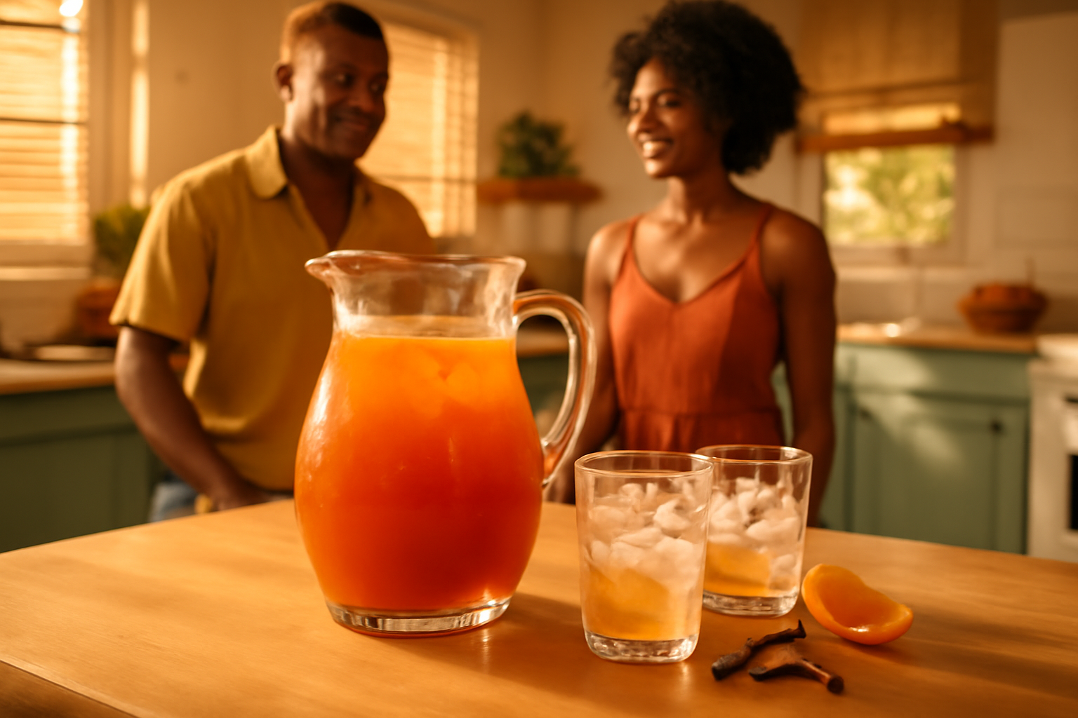 Punch planteur antillais dans une carafe avec orange, cannelle et glaçons, lumière naturelle