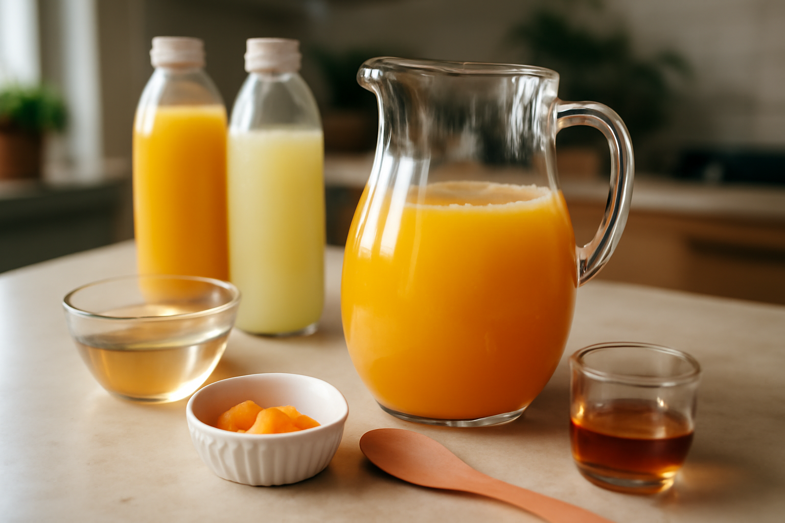 Assemblage du punch planteur : carafe, sirop, jus et rhum ajoutés dans l’ordre, ambiance de cuisine