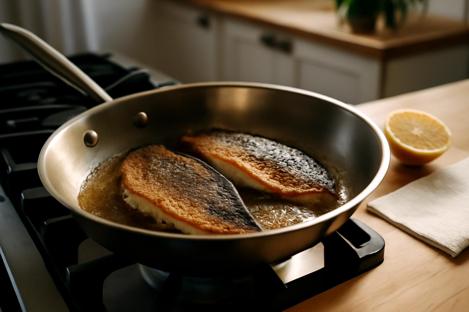 recette black bass à la poêle, black bass doré à la peau croustillante dans une poêle chaude