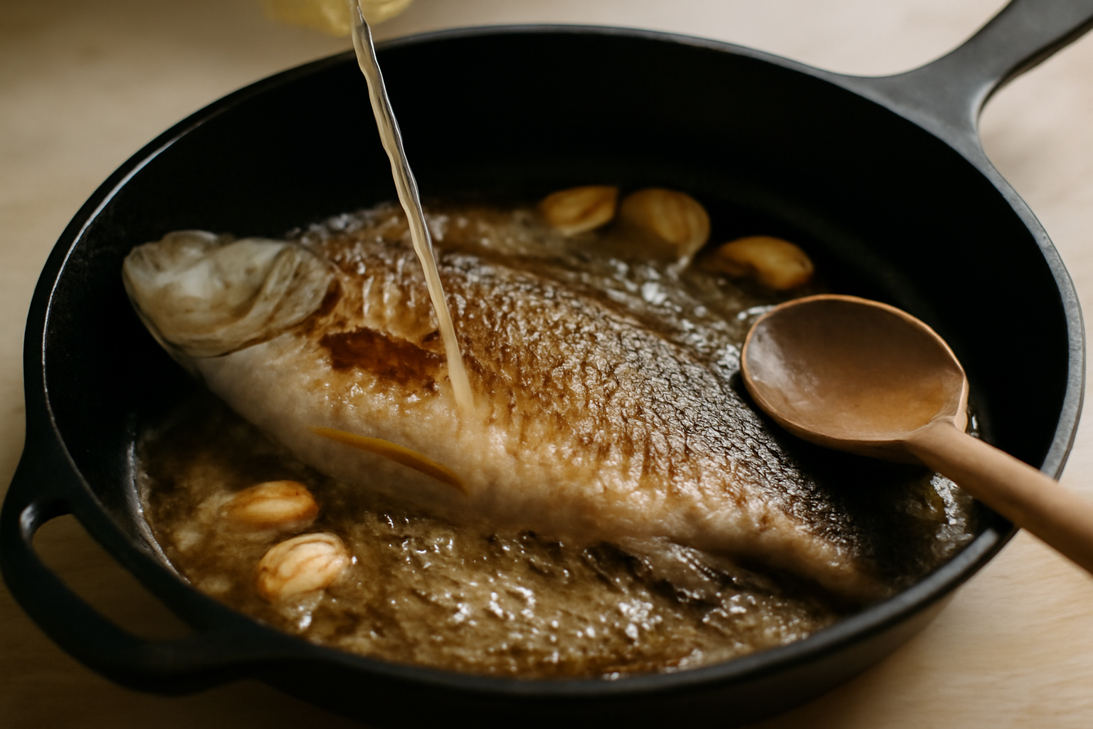finitions beurre ail et sauce minute dans la poêle après cuisson de la recette black bass à la poêle