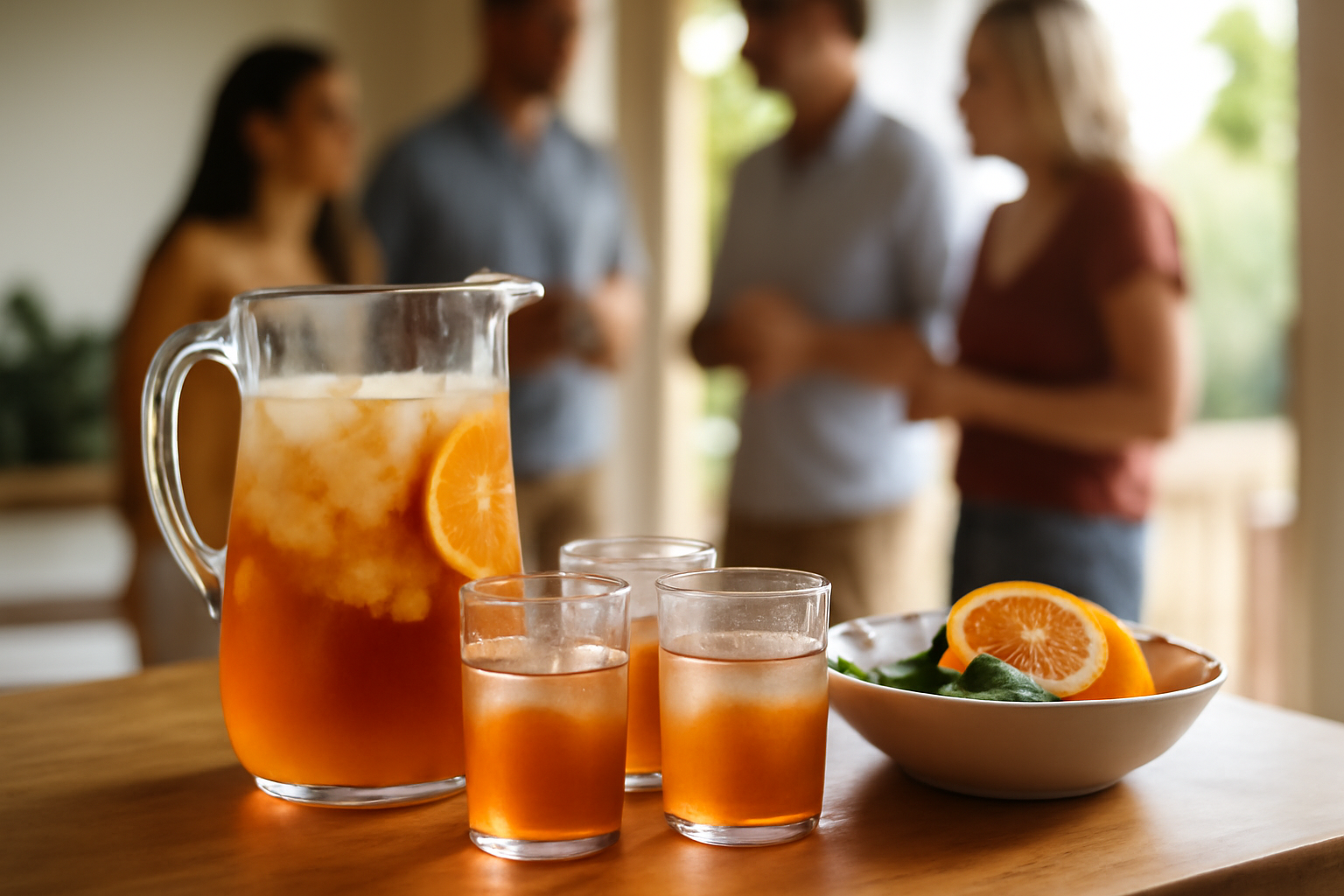 recette de punch au rhum, jus d’agrume et glace dans un grand pichet, ambiance fête