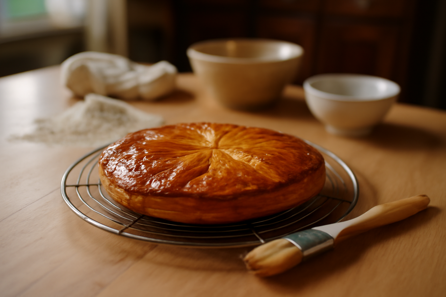 recette galette des rois frangipane classique sur une table, pâte feuilletée dorée et frangipane