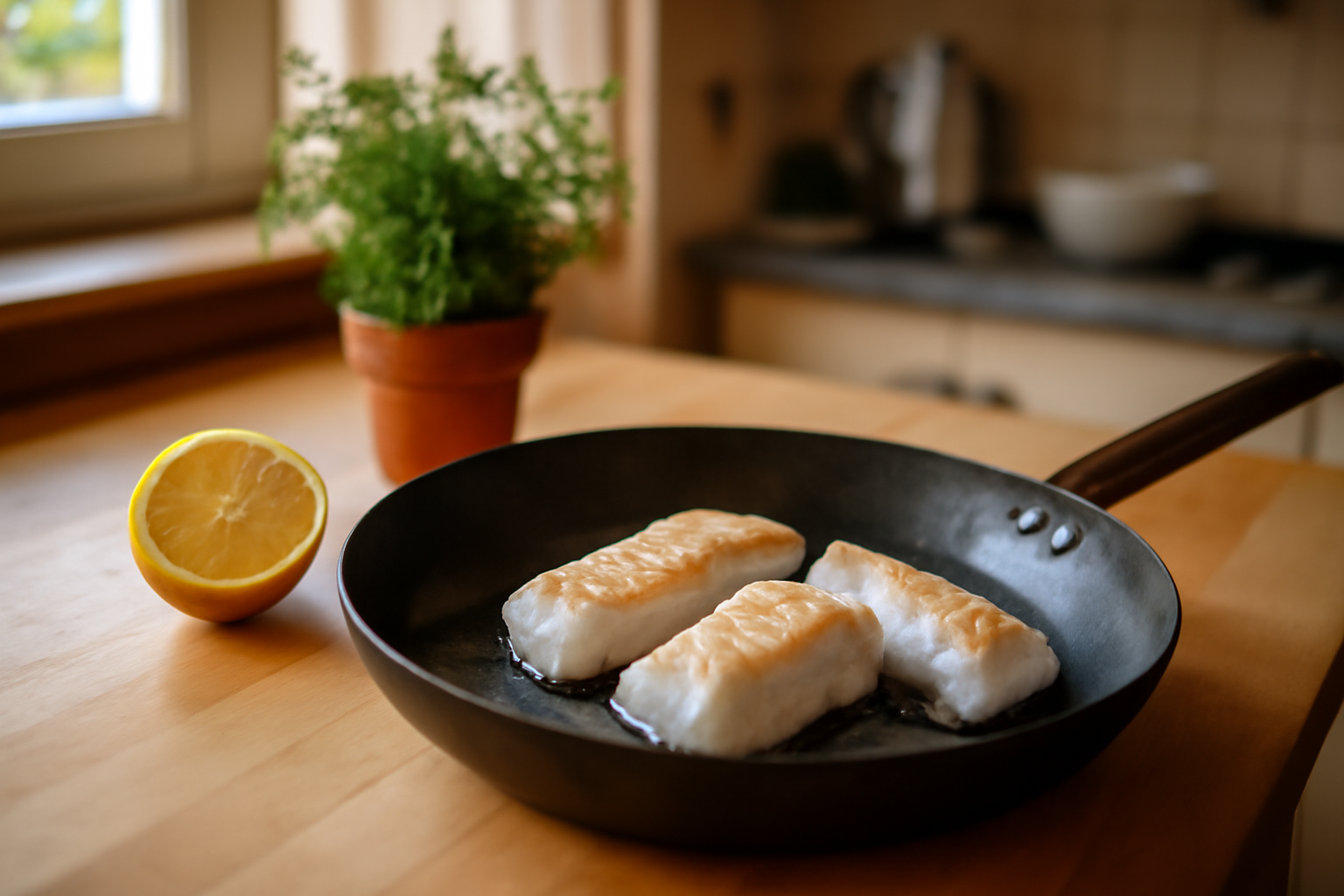 recette lieu noir : filets de lieu noir poêlés et citron, plan de cuisine en lumière naturelle