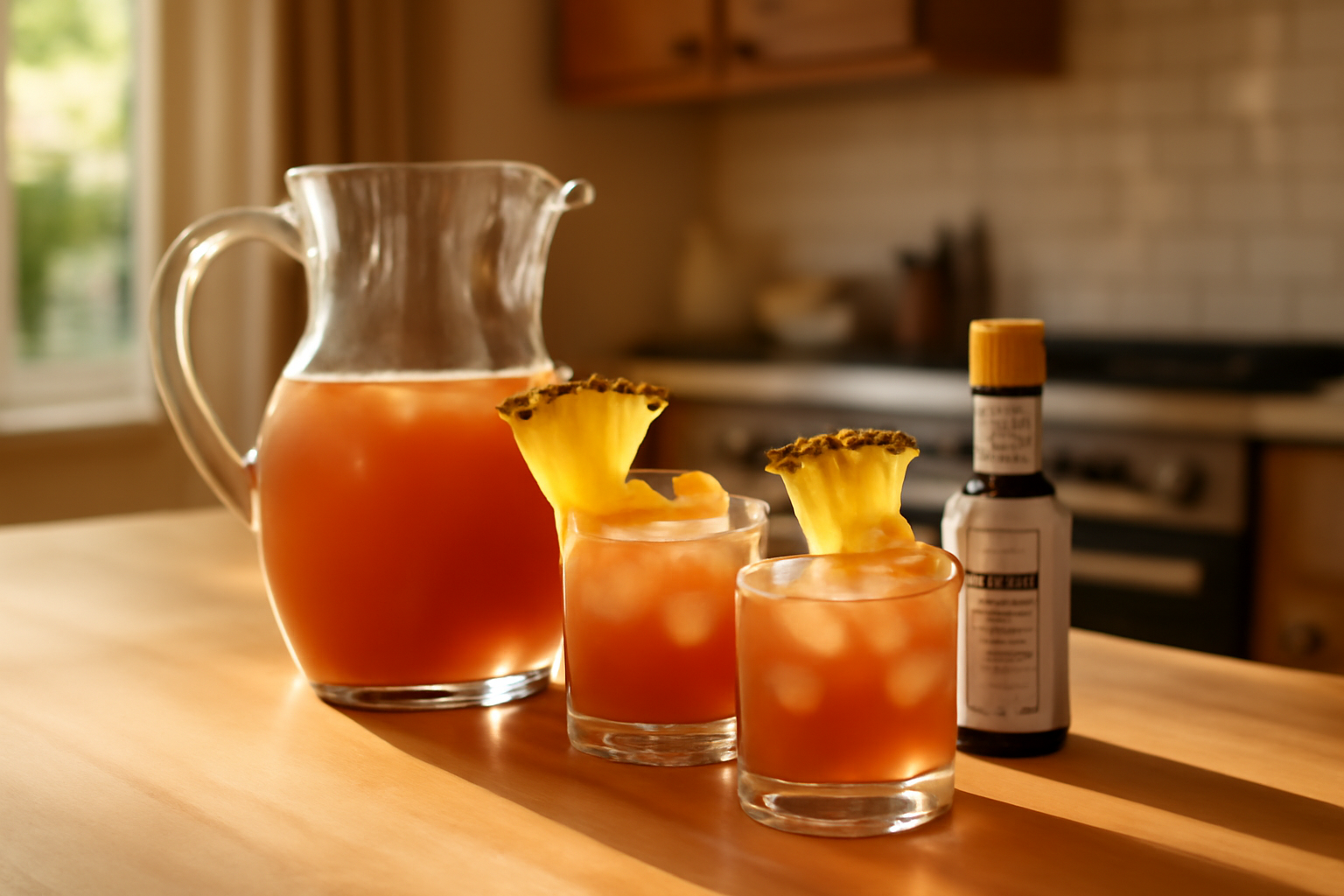 Recette planteur antillais maison : carafe de punch orange et ananas sur glaçons avec garniture