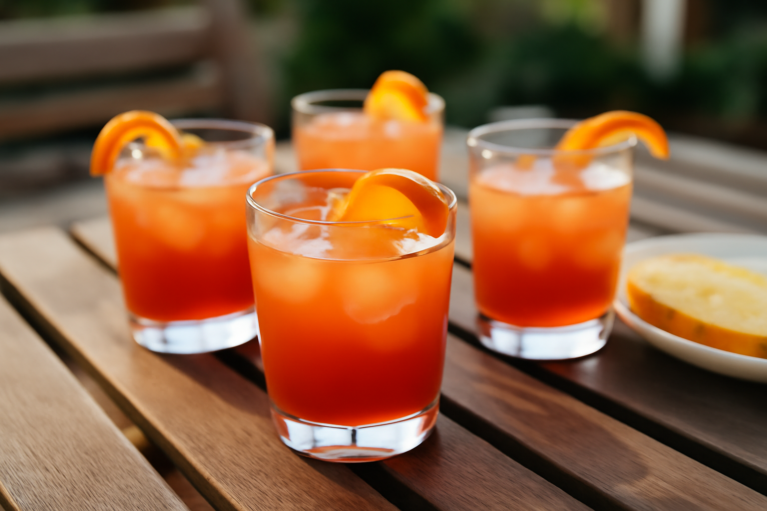 Verres de recette planteur antillais sur glaçons avec zeste d’orange et rondelle d’ananas