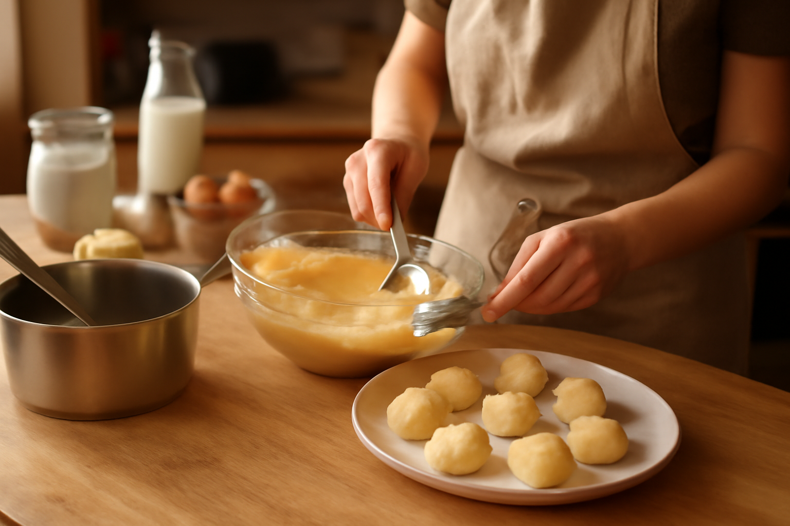 recette pour quenelles : pâte à choux et quenelles façonnées sur planche